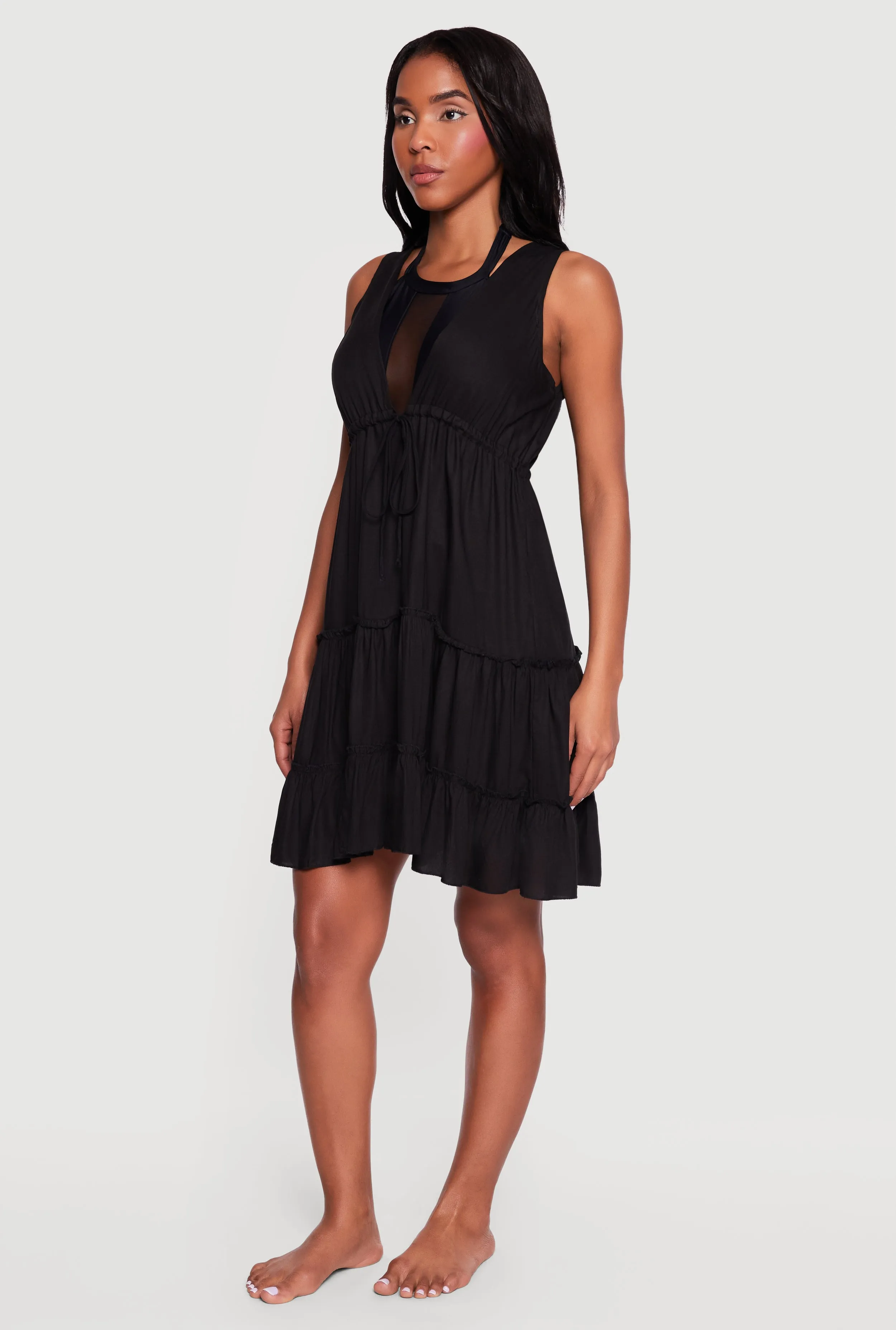 Drawstring Tie Front Ruffle Tiered Cover Up Dress sold by Rainbow product image thumbnail 3
