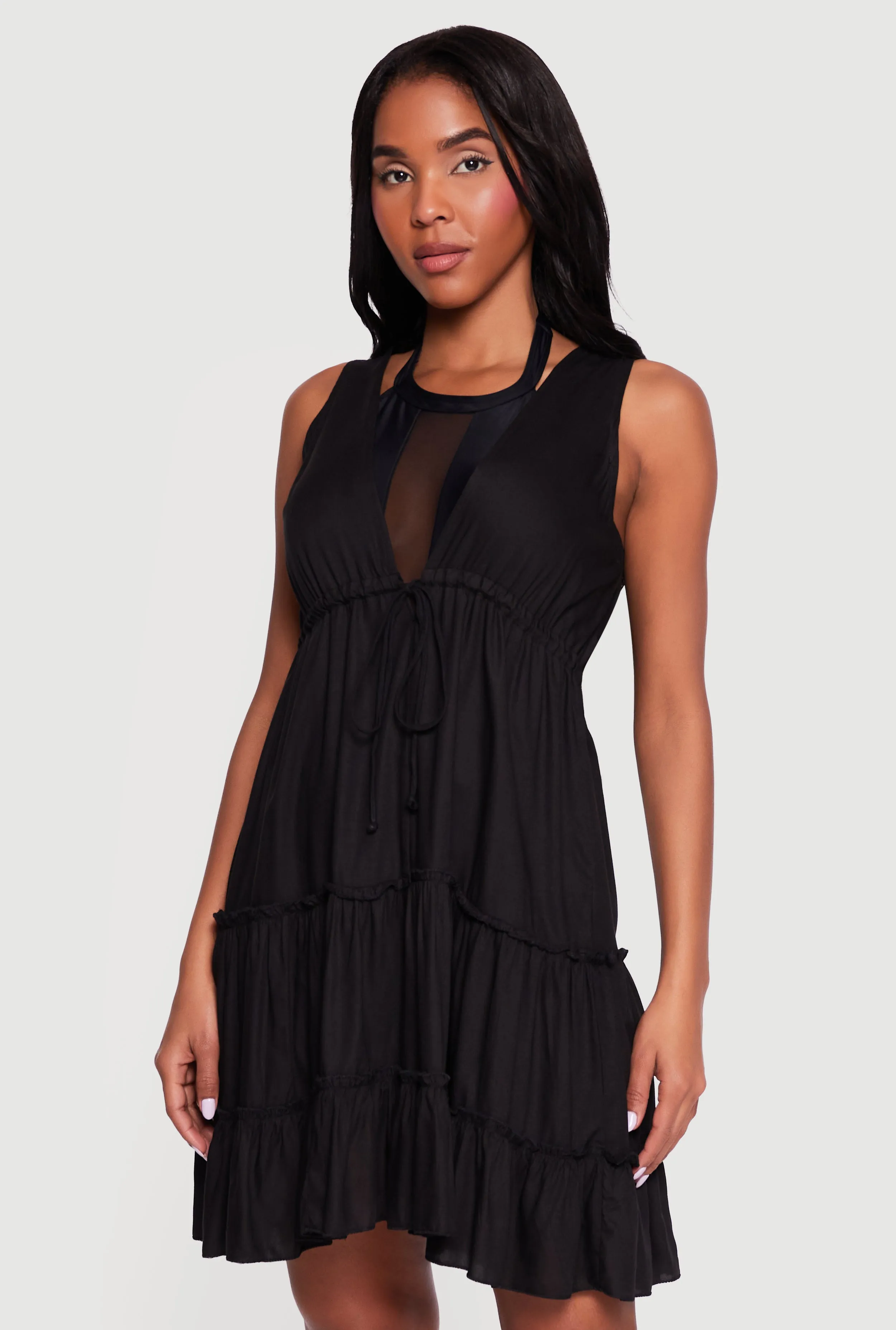 Drawstring Tie Front Ruffle Tiered Cover Up Dress sold by Rainbow