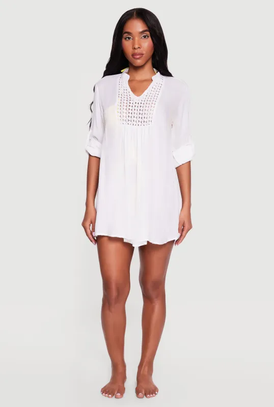 Crochet Detail Tabbed Sleeve Swim Cover Up sold by Rainbow