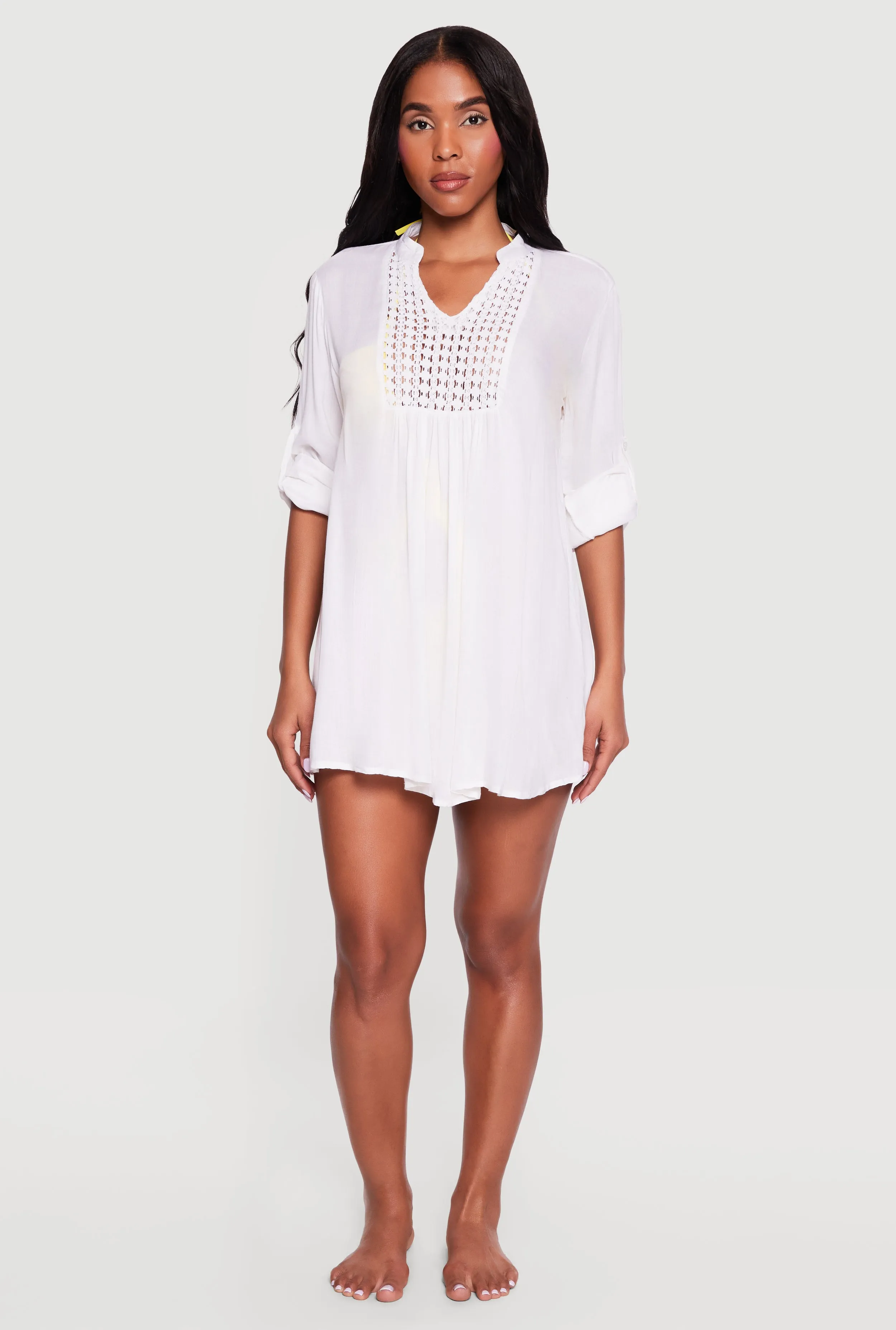 Crochet Detail Tabbed Sleeve Swim Cover Up sold by Rainbow