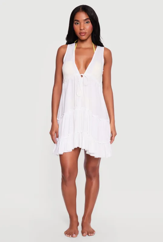 Drawstring Tie Front Ruffle Tiered Cover Up Dress made by Rainbow