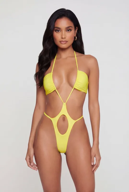 Open Back Strappy Cutout Halter Monokini made by Rainbow
