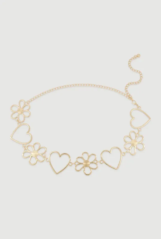 Metallic Flower and Heart Chain Belt made by Rainbow