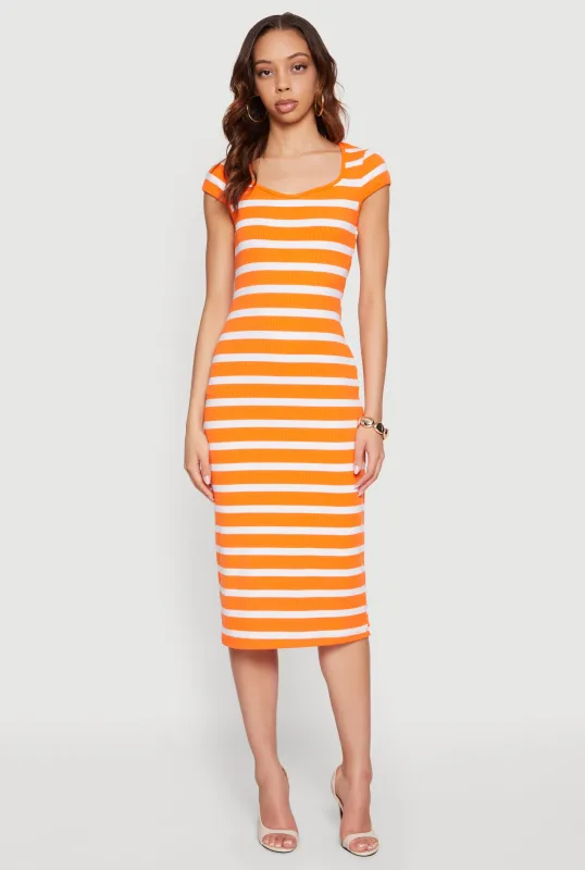 Striped Rip Knit Cap Sleeve V-Neck Midi Dress made by Rainbow