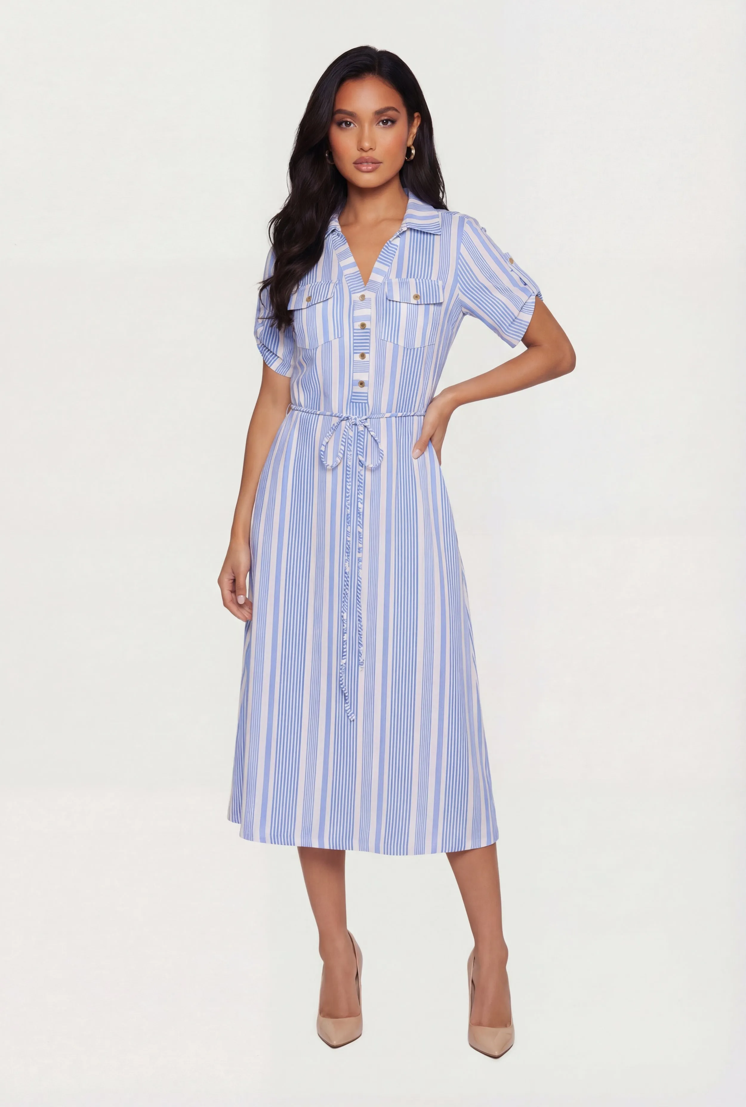 Striped Half Button Front Shirt Dress with Tie Waist Belt sold by Rainbow