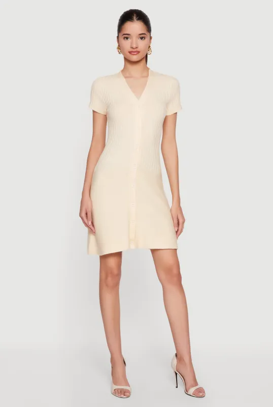 Rib Knit Short Sleeve Button Front Mini Dress made by Rainbow