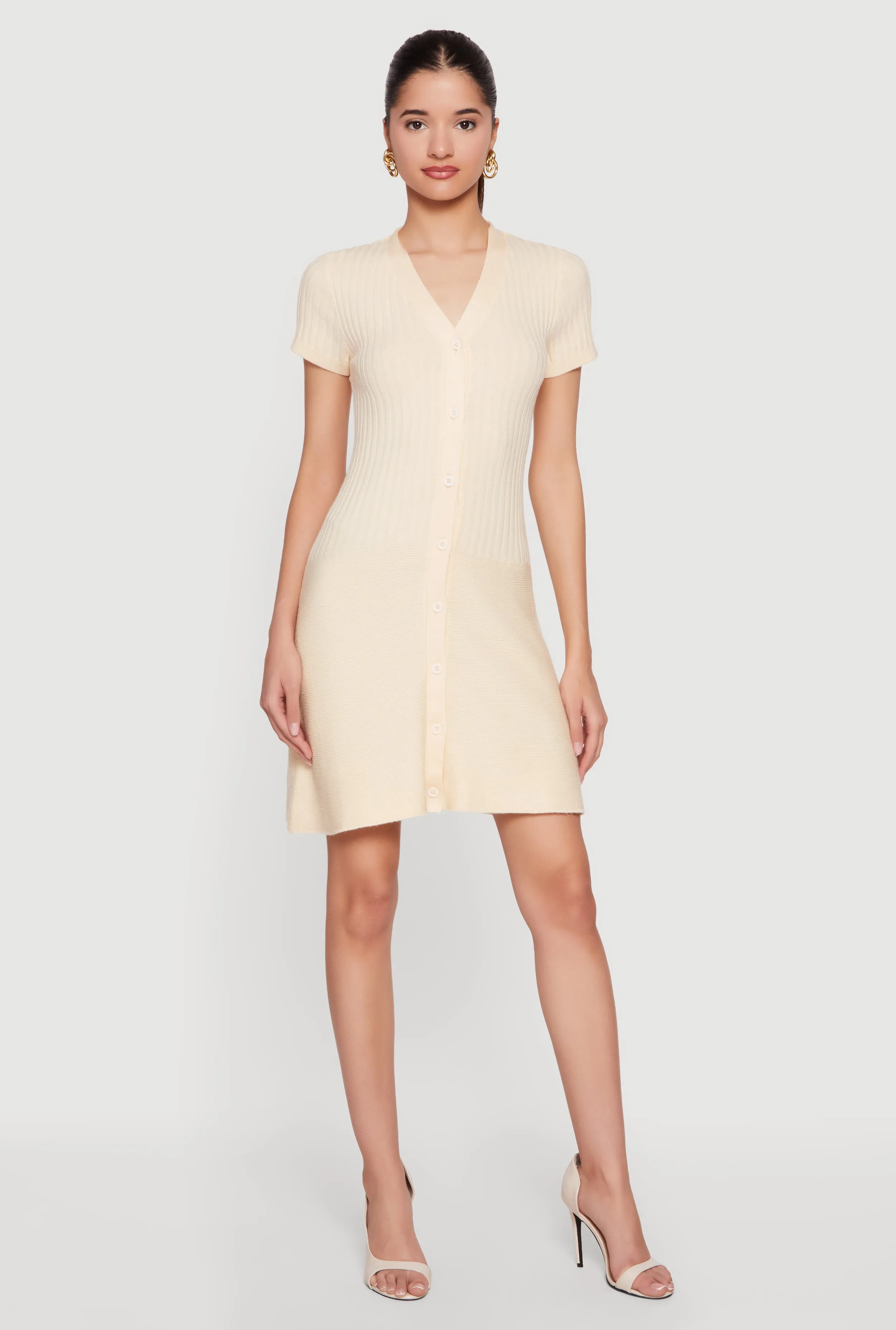 Rib Knit Short Sleeve Button Front Mini Dress sold by Rainbow