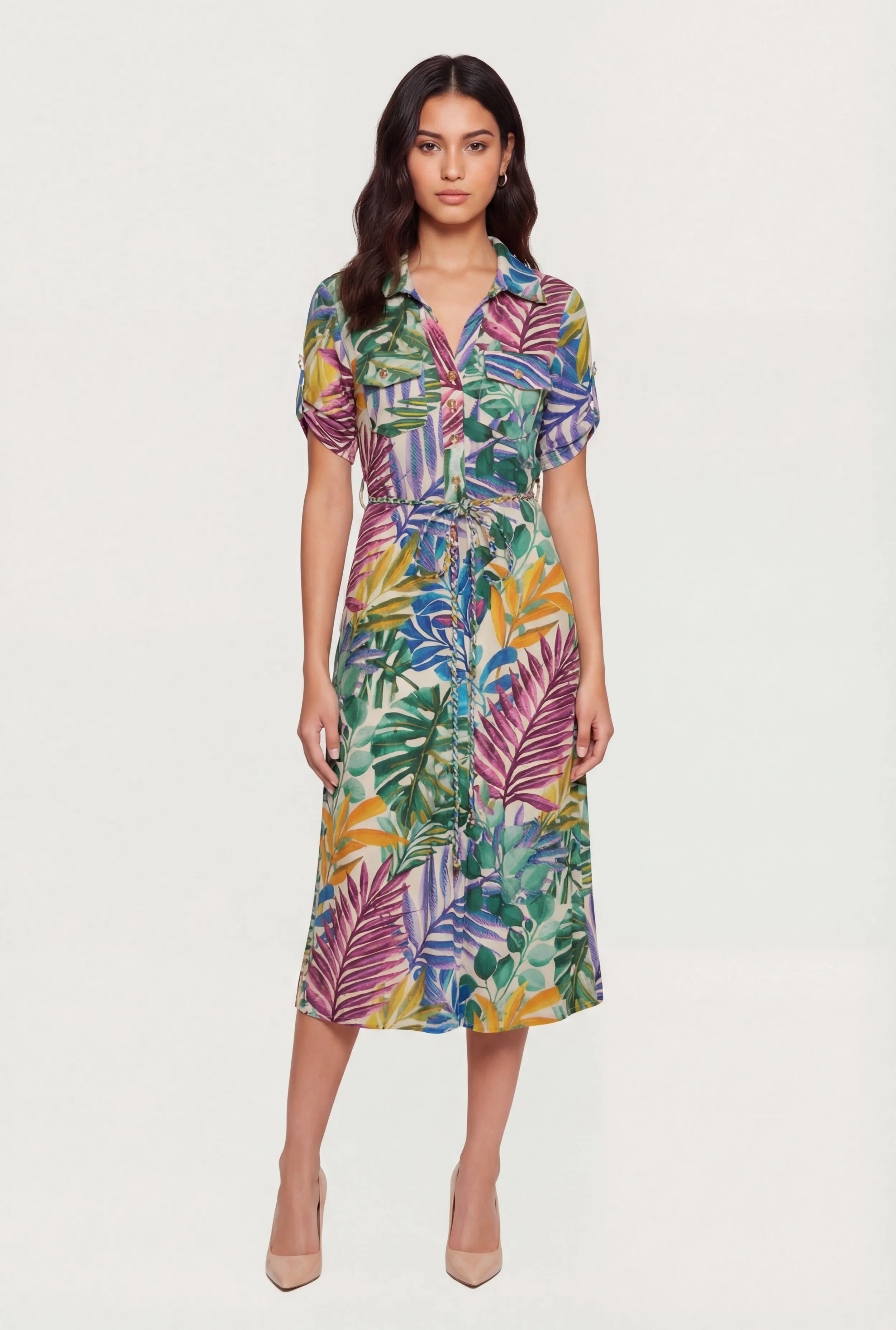 Palm Tree Half Button Front Shirt Dress with Tie Waist Belt sold by Rainbow