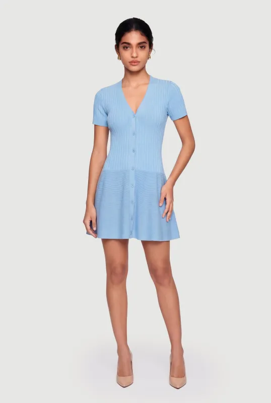 Rib Knit Short Sleeve Button Front Mini Dress sold by Rainbow