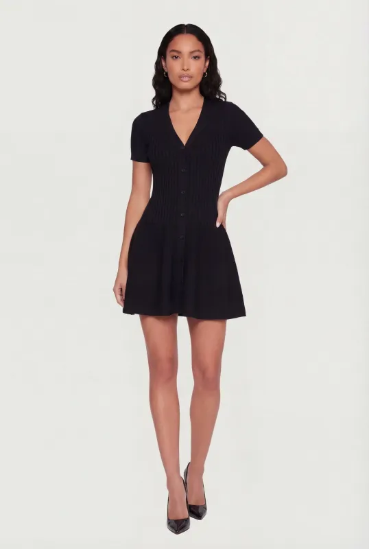 Rib Knit Short Sleeve Button Front Mini Dress sold by Rainbow