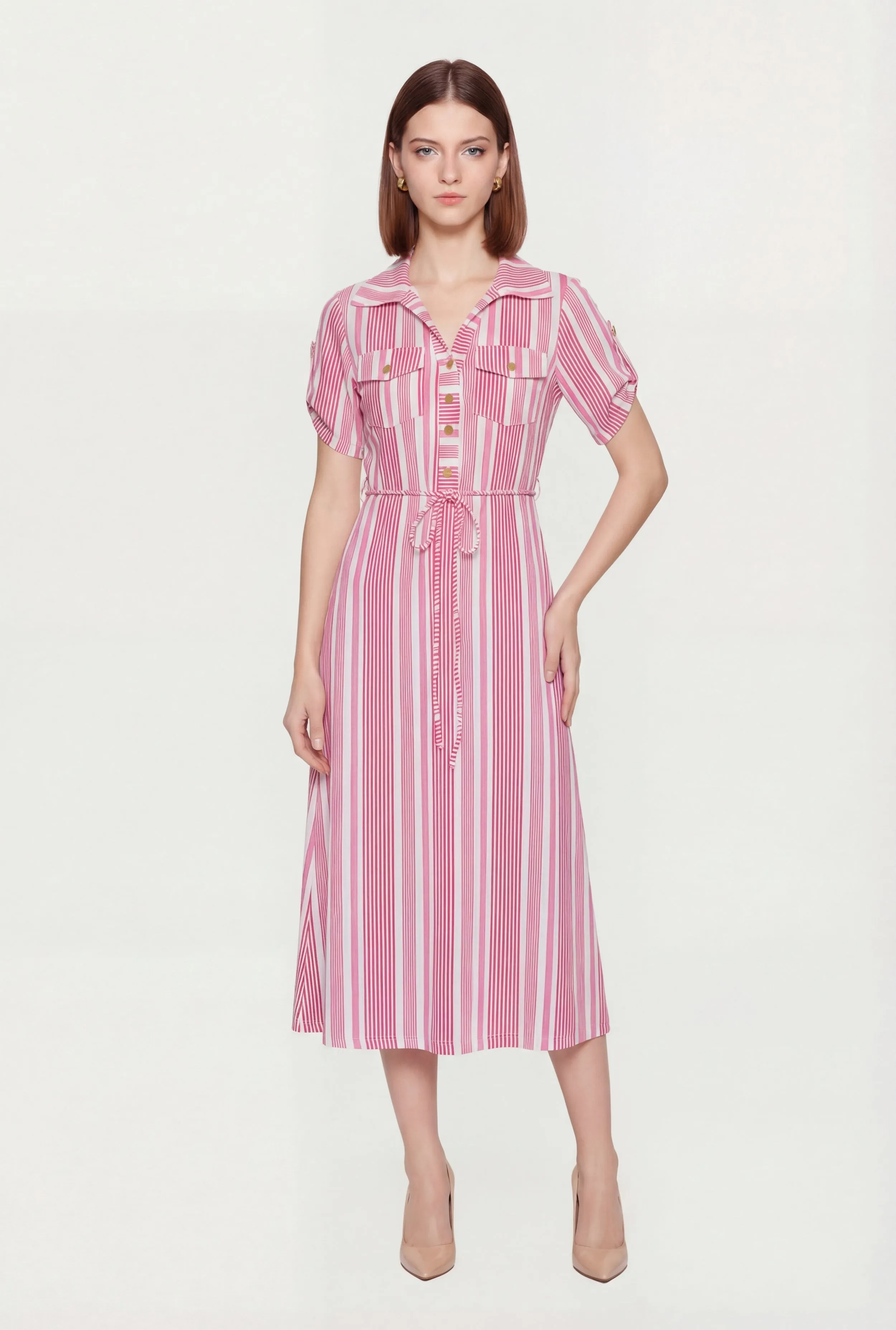 Striped Half Button Front Shirt Dress with Tie Waist Belt sold by Rainbow