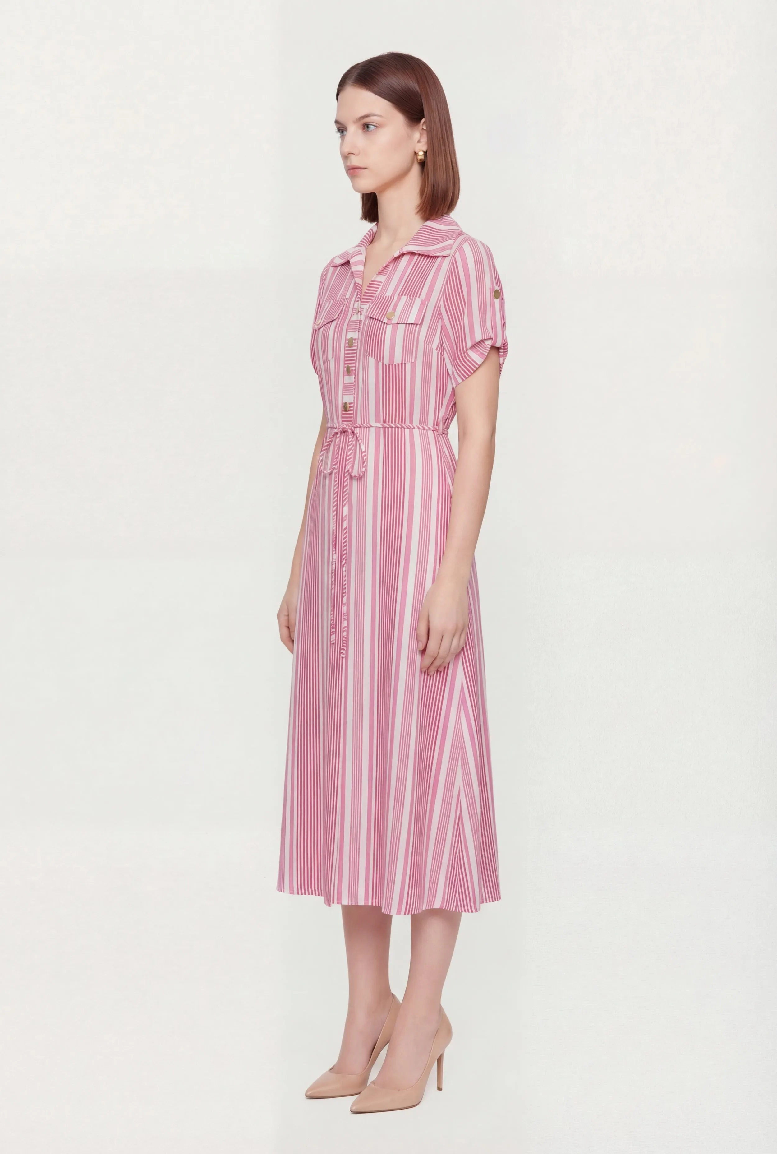 Striped Half Button Front Shirt Dress with Tie Waist Belt sold by Rainbow product image thumbnail 2