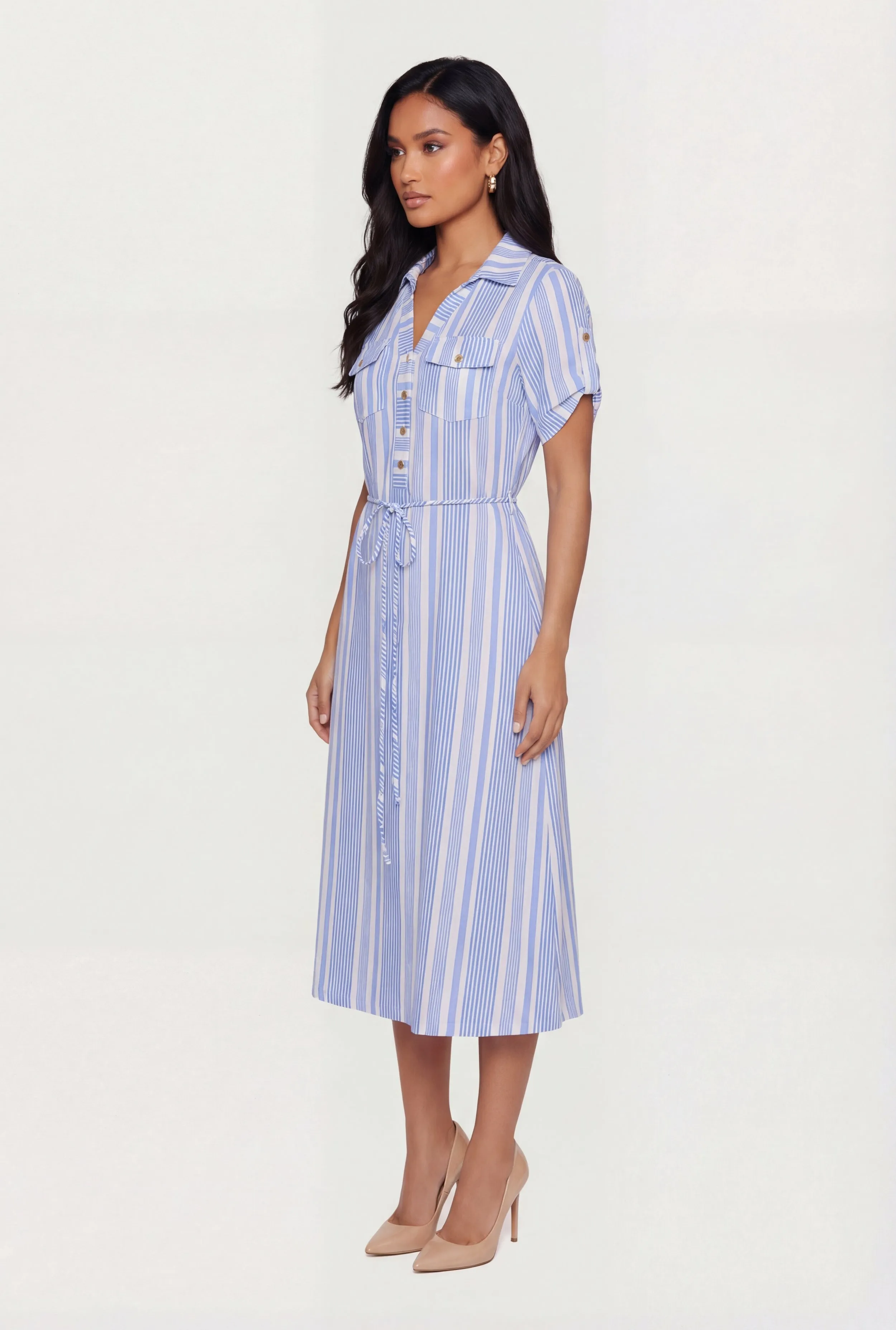 Striped Half Button Front Shirt Dress with Tie Waist Belt sold by Rainbow product image thumbnail 2