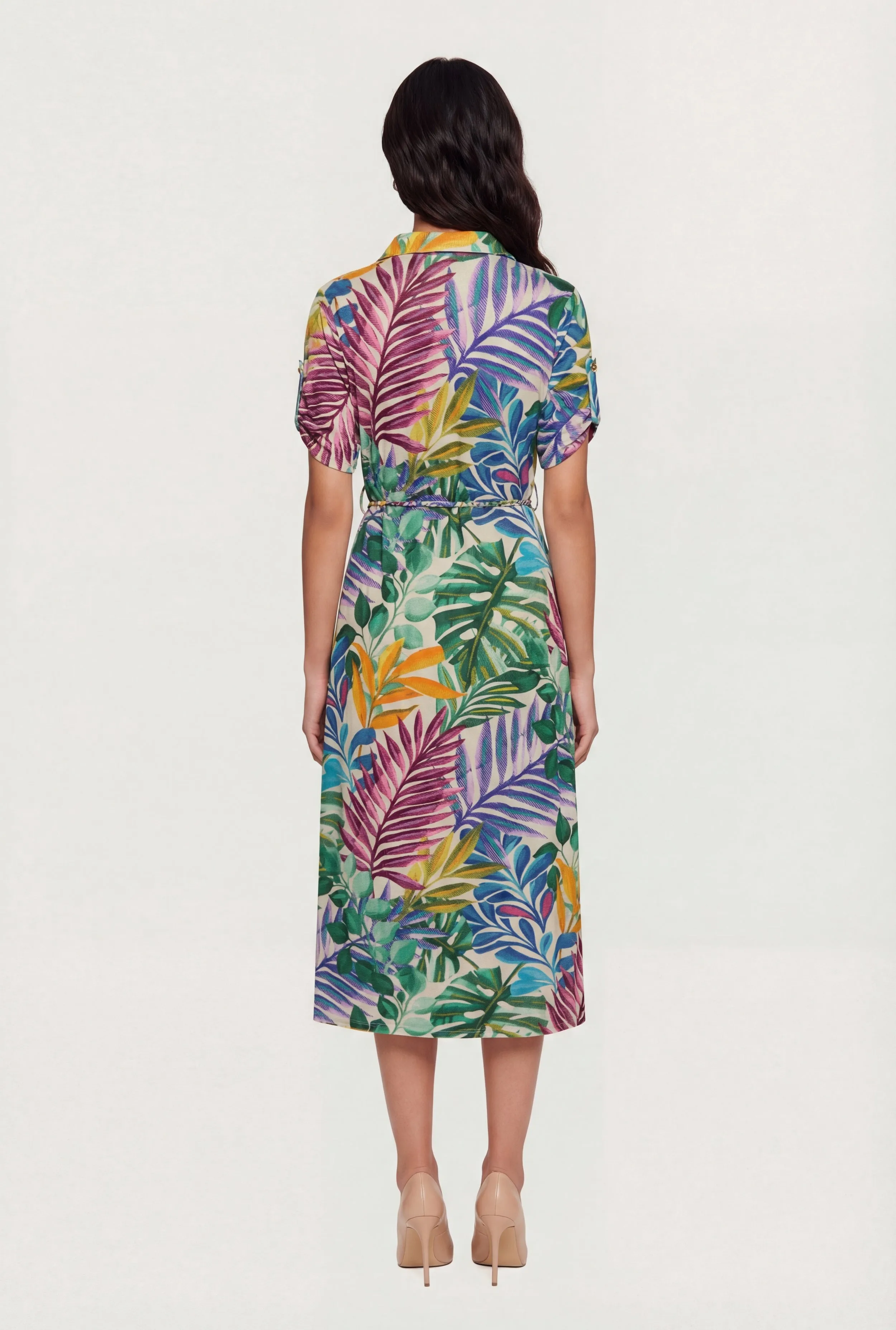 Palm Tree Half Button Front Shirt Dress with Tie Waist Belt sold by Rainbow product image thumbnail 3