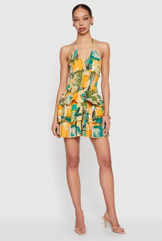 Tropical Border Print Smocked Tiered Ruffle Halter Dress made by Rainbow