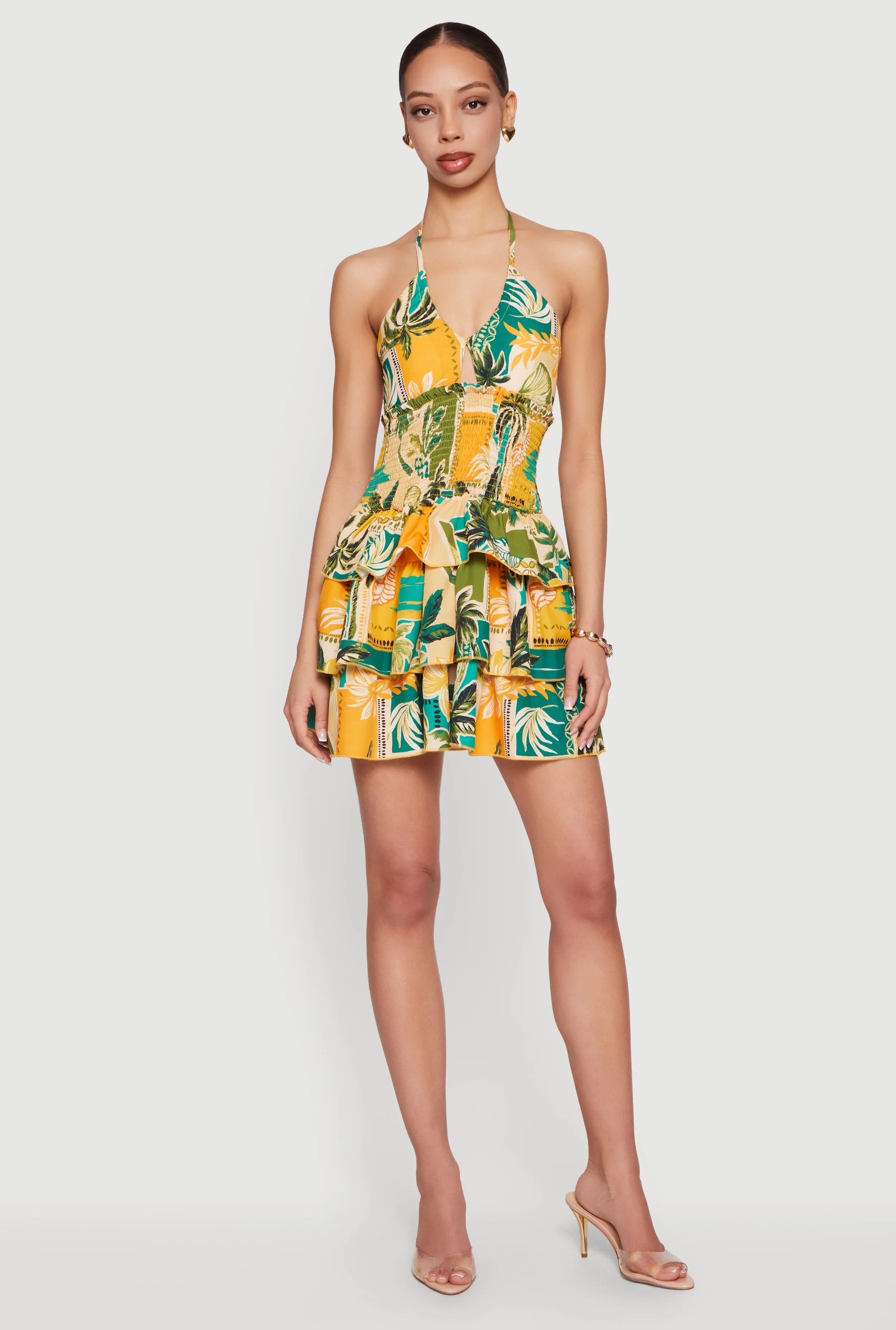 Tropical Border Print Smocked Tiered Ruffle Halter Dress sold by Rainbow
