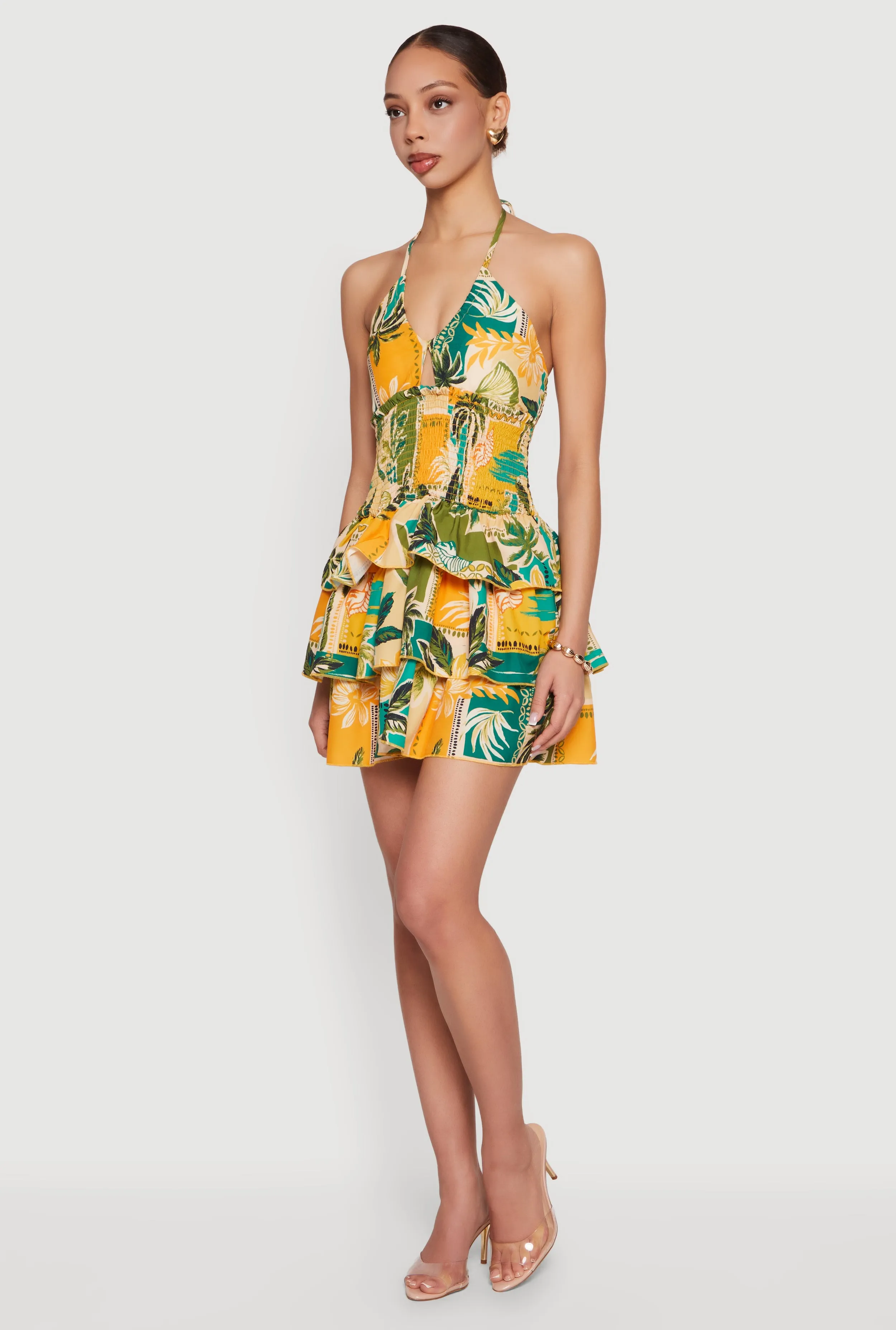 Tropical Border Print Smocked Tiered Ruffle Halter Dress sold by Rainbow product image thumbnail 2