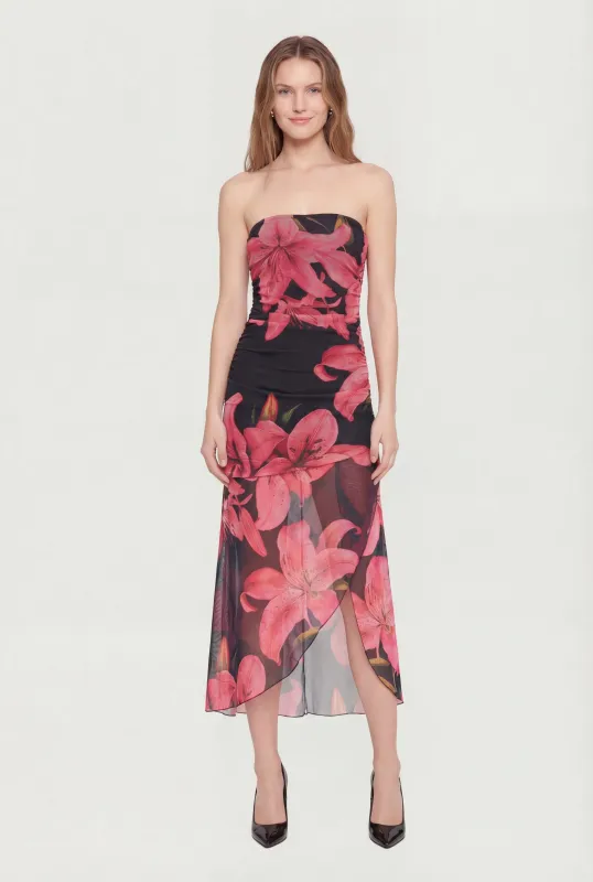 Floral Mesh Ruched Side Tube Midi Dress made by Rainbow