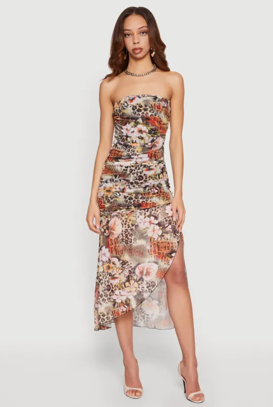 Floral Animal Print Ruched Strapless Midi Dress made by Rainbow