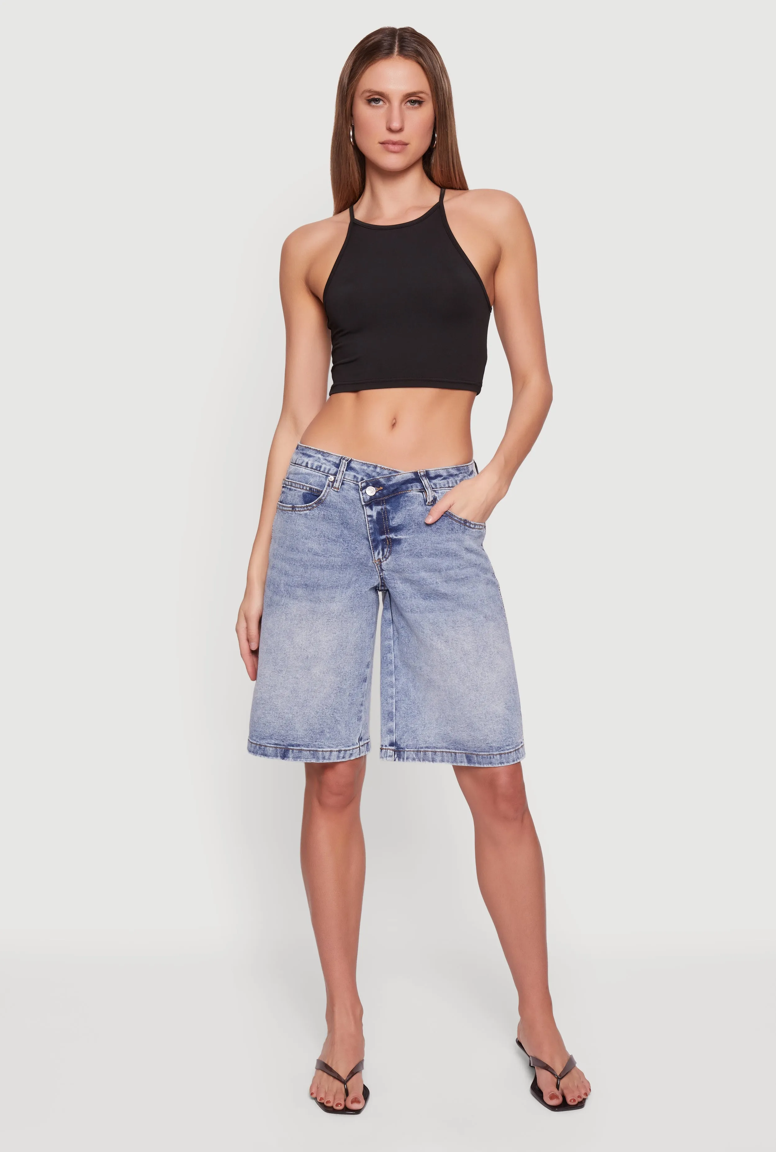 Almost Famous Denim Asymmetrical Waist Bermuda Shorts sold by Rainbow