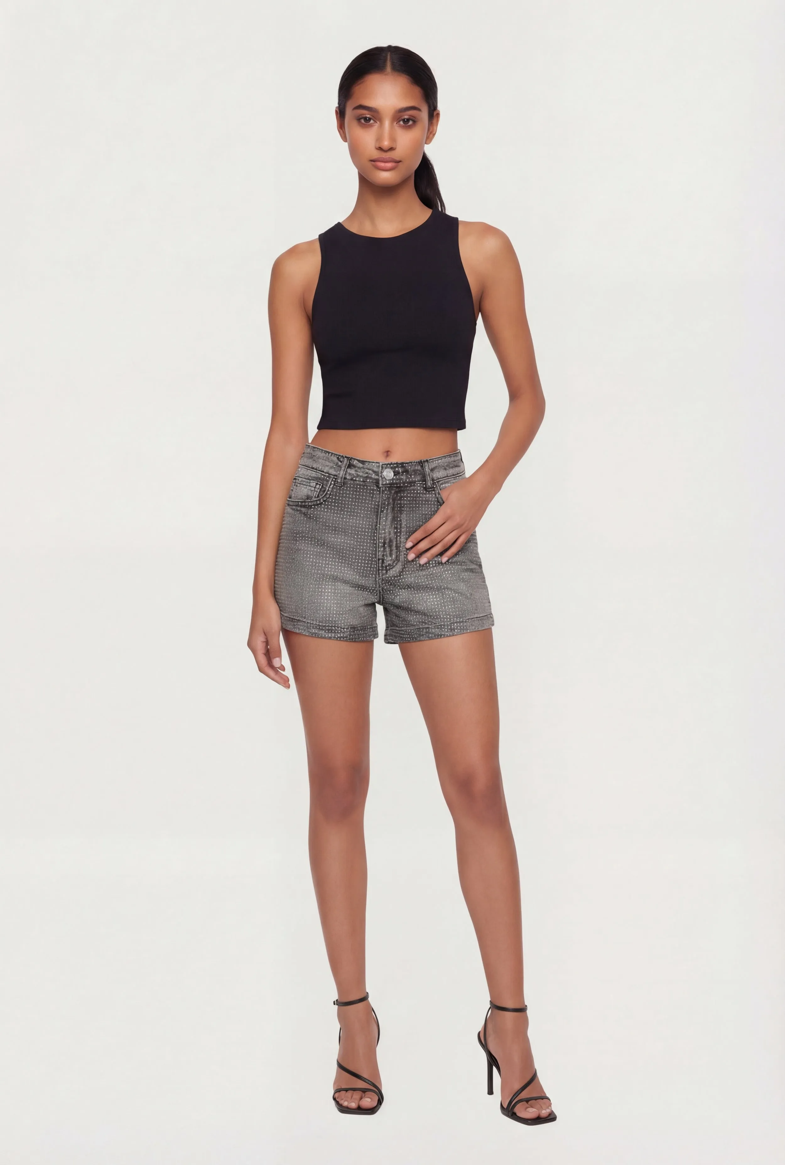 Rhinestone Studded Denim Shorts sold by Rainbow