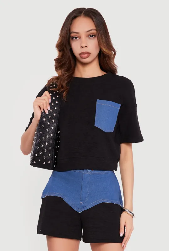 Chambray Pocket Detail Short Sleeve Top made by Rainbow