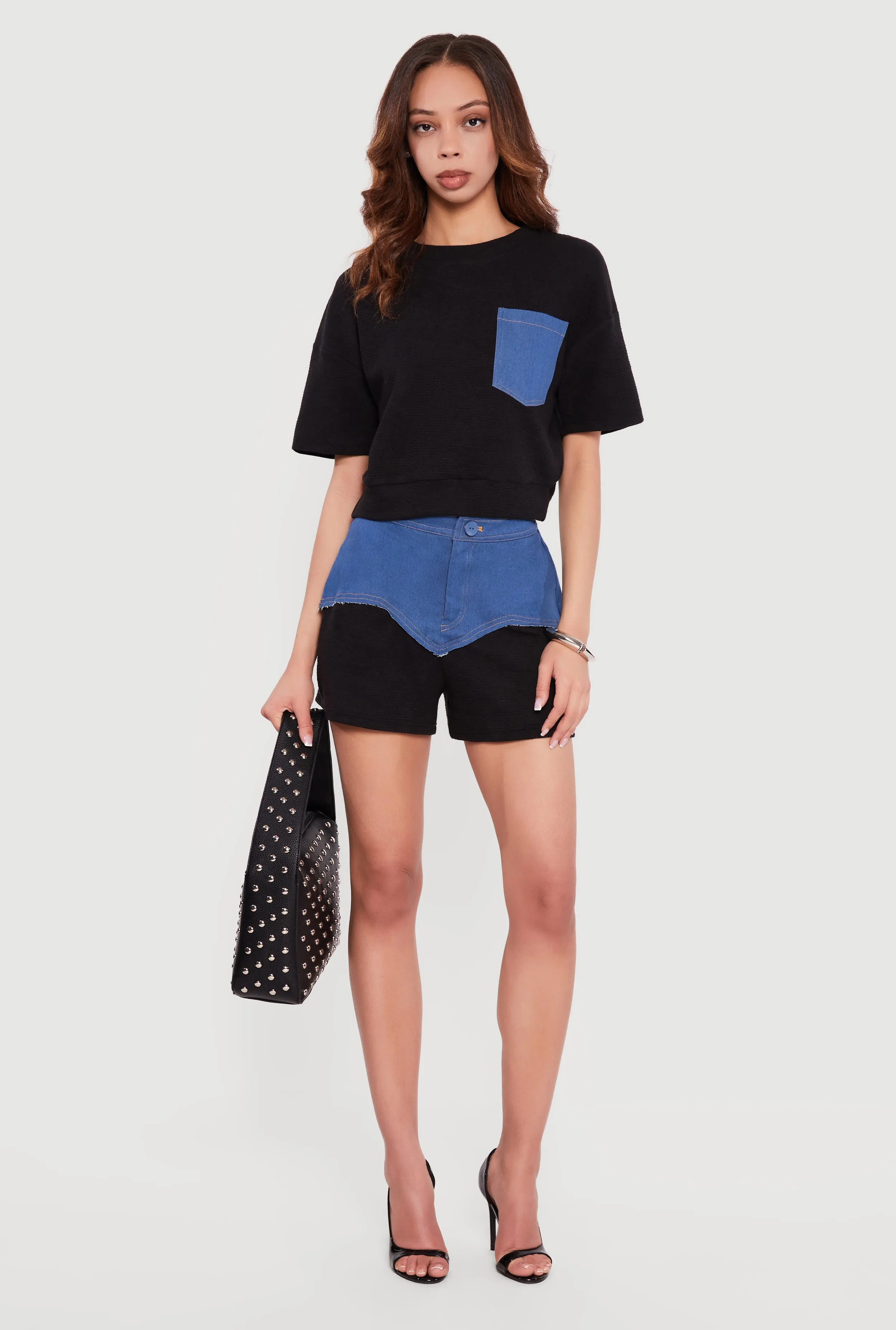 Chambray Detail Textured Knit Shorts sold by Rainbow