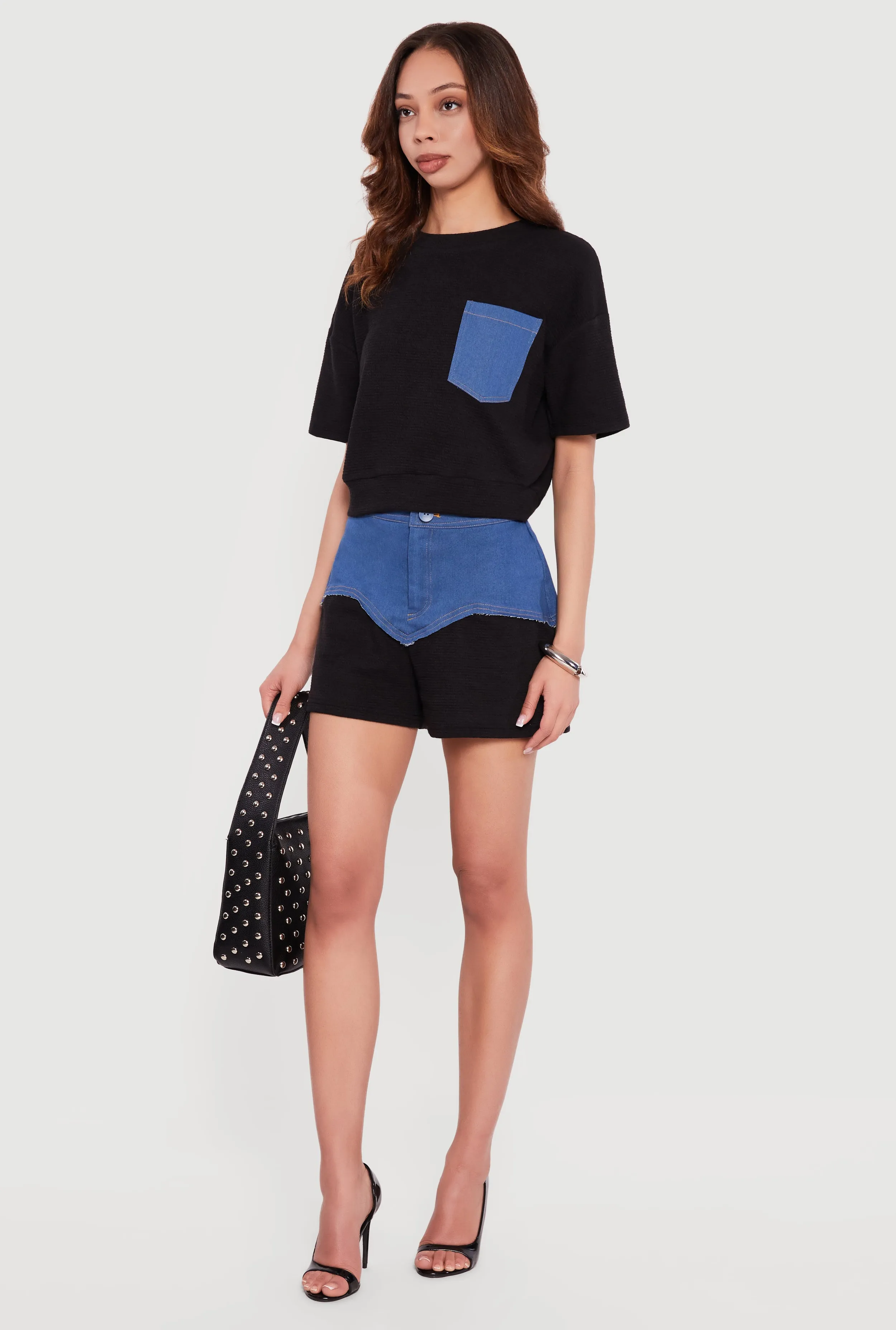 Chambray Detail Textured Knit Shorts sold by Rainbow product image thumbnail 2