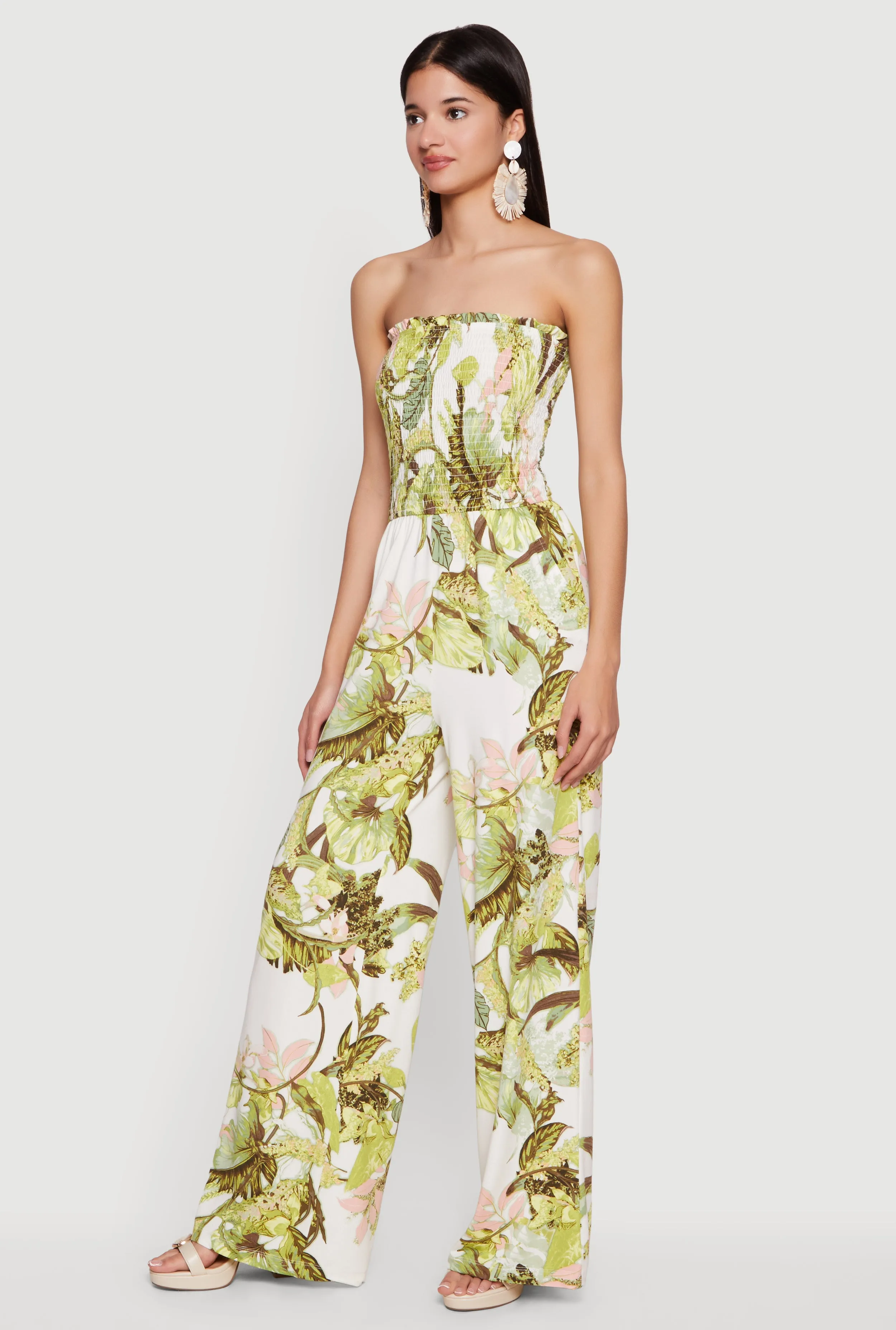 Tropical Floral Leaf Print Smocked Strapless Jumpsuit sold by Rainbow product image thumbnail 2