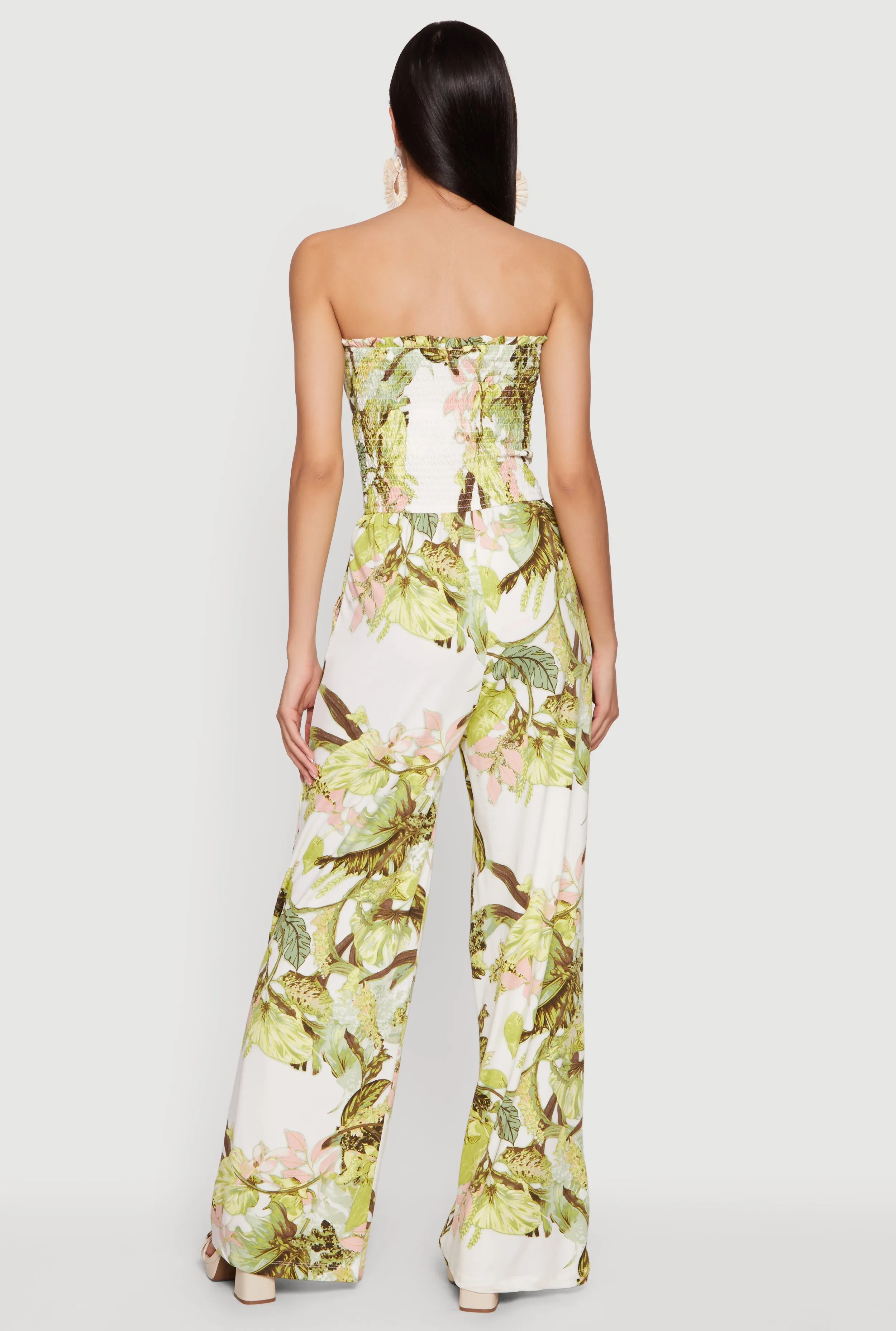 Tropical Floral Leaf Print Smocked Strapless Jumpsuit sold by Rainbow product image thumbnail 3