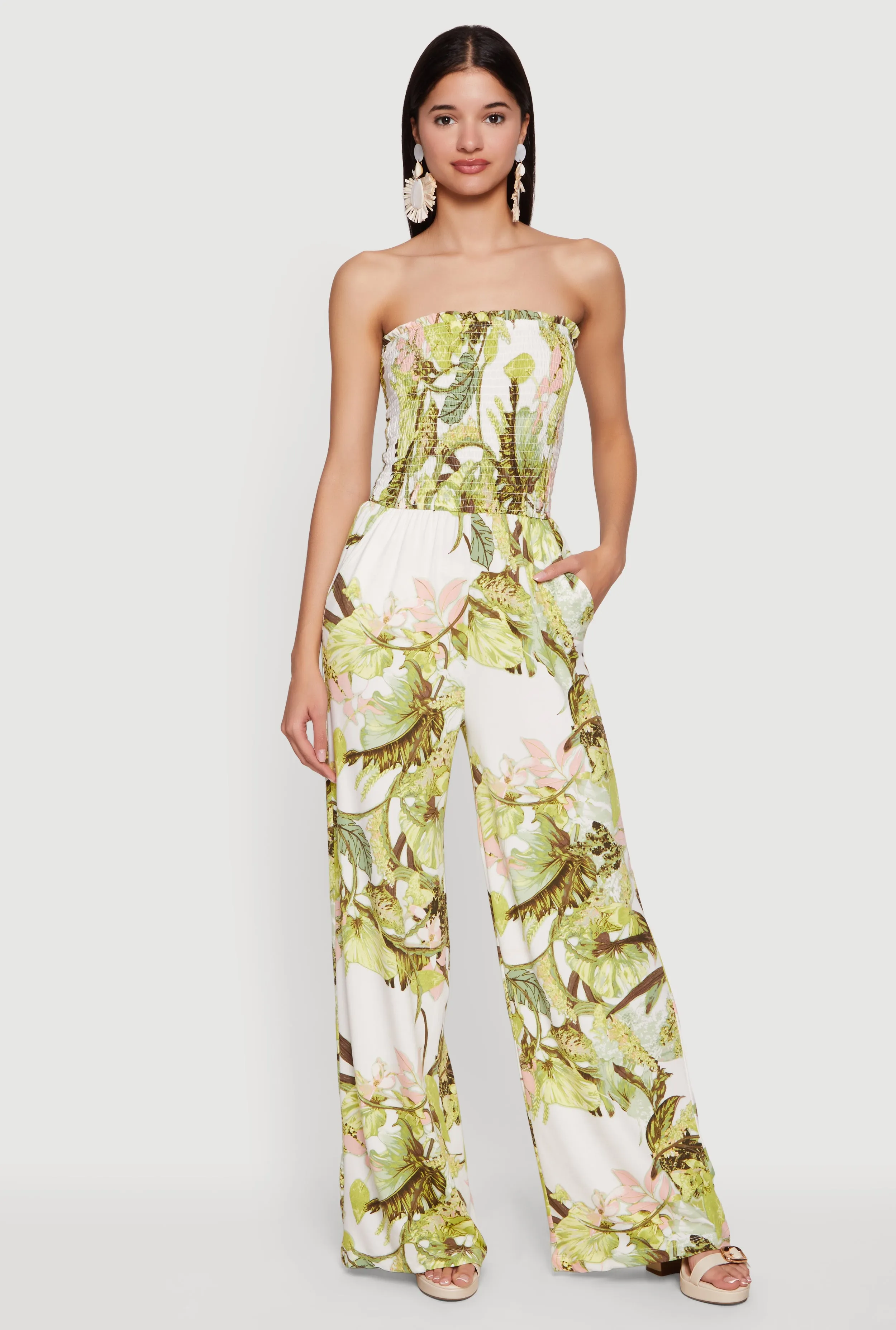 Tropical Floral Leaf Print Smocked Strapless Jumpsuit sold by Rainbow