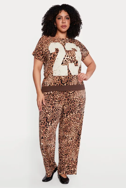 Plus Size Leopard Print High Waisted Pull On Wide Leg Pants made by Rainbow