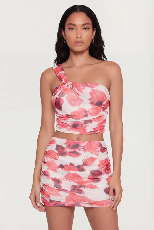 Floral Mesh Ruched Side One Shoulder Crop Top made by Rainbow