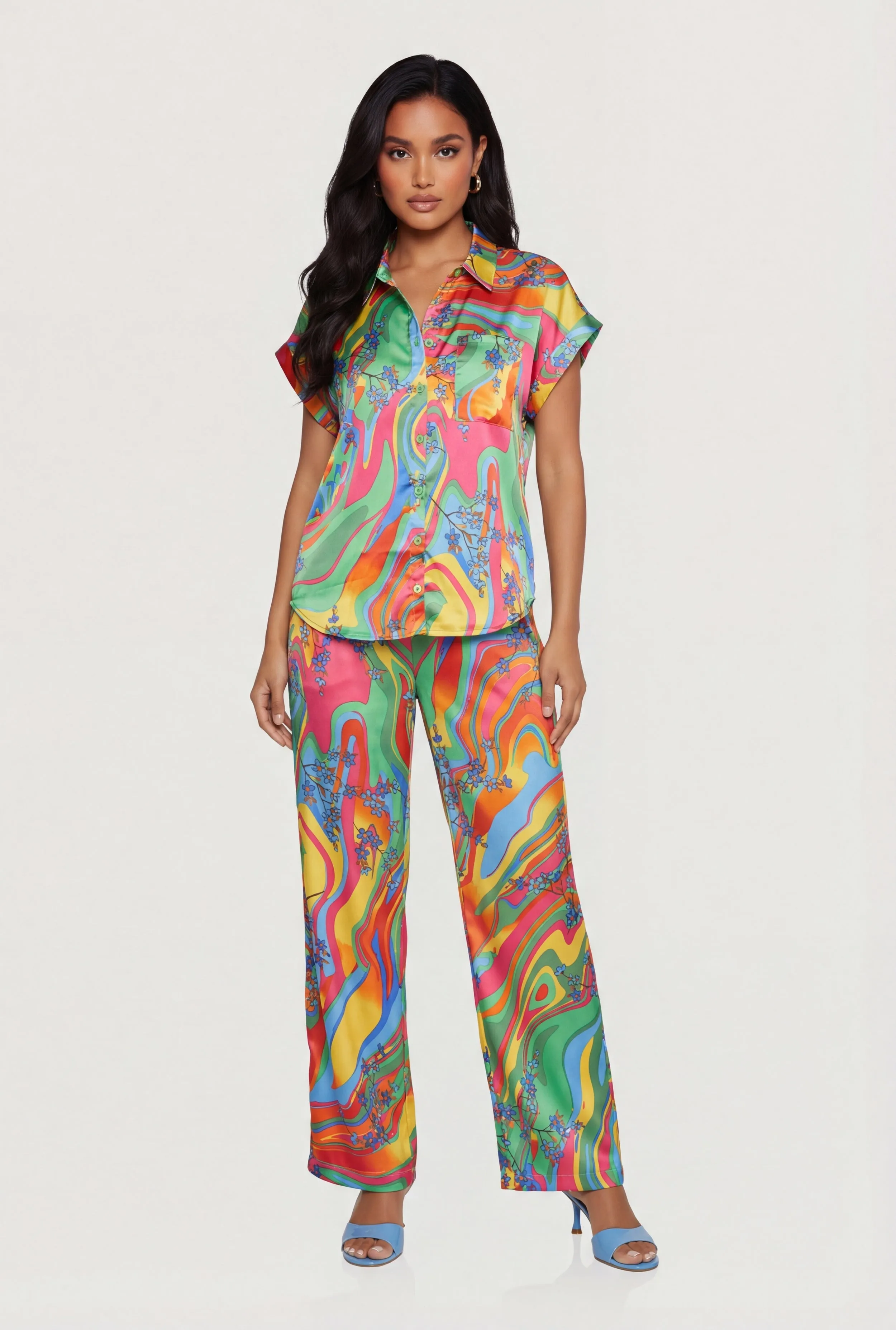 Floral Psychedelic Swirl Satin Pants sold by Rainbow