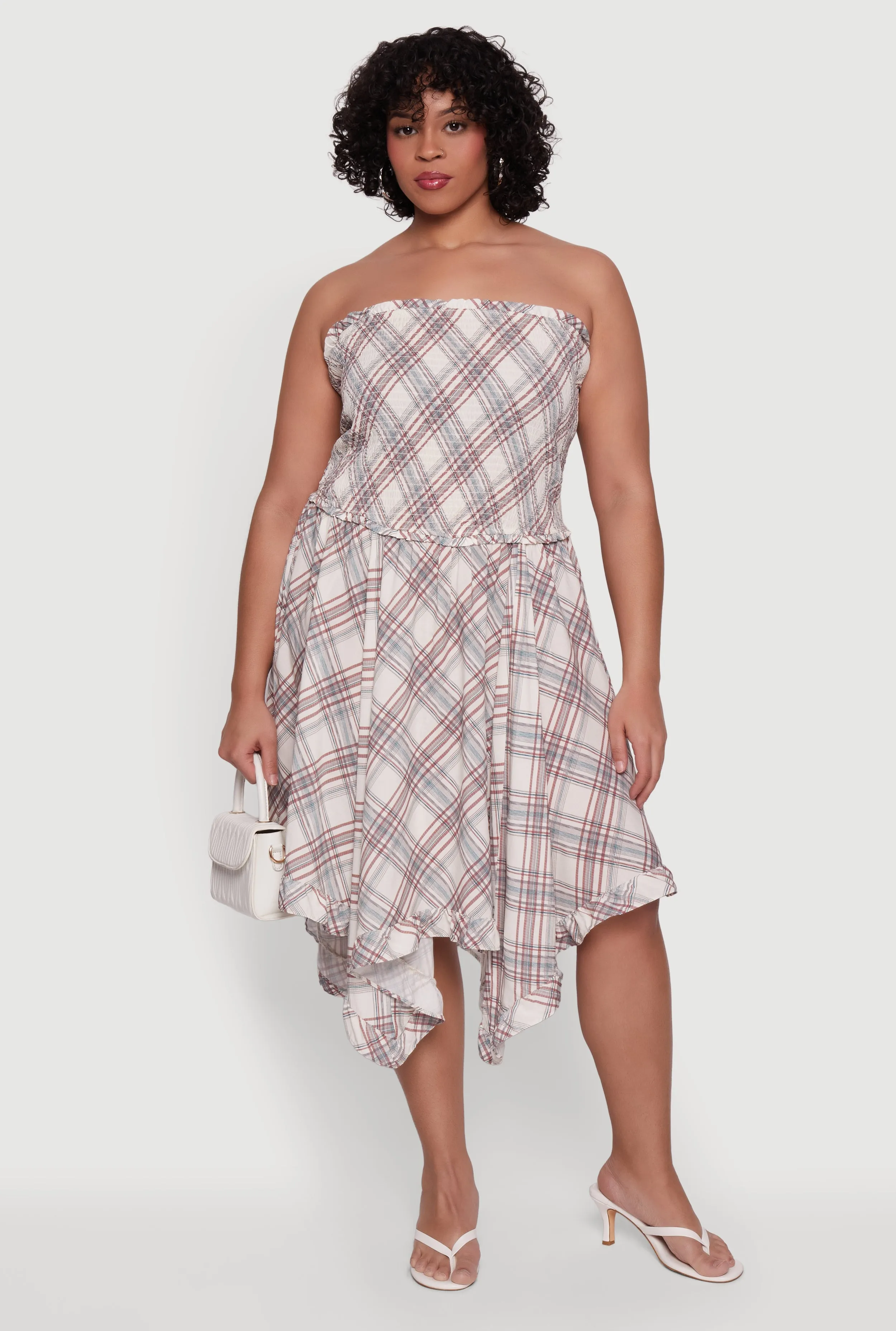Plus Size Plaid Ruffle Trim Sharkbite Hem Dress sold by Rainbow