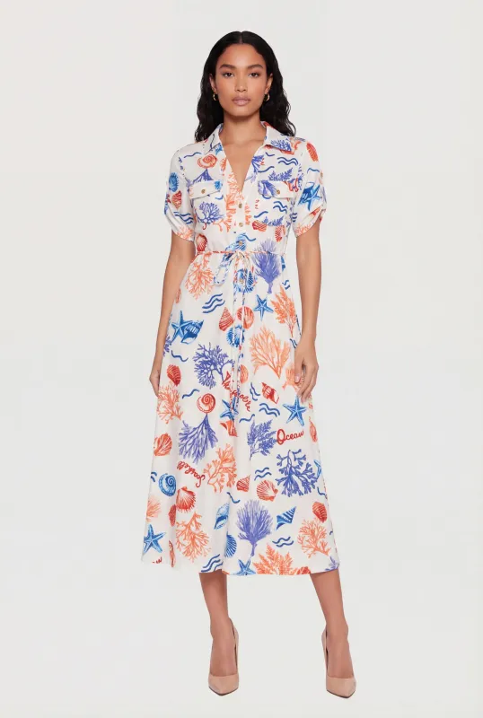 Ocean Patterned Tie Waist Belted Midi Polo Dress sold by Rainbow