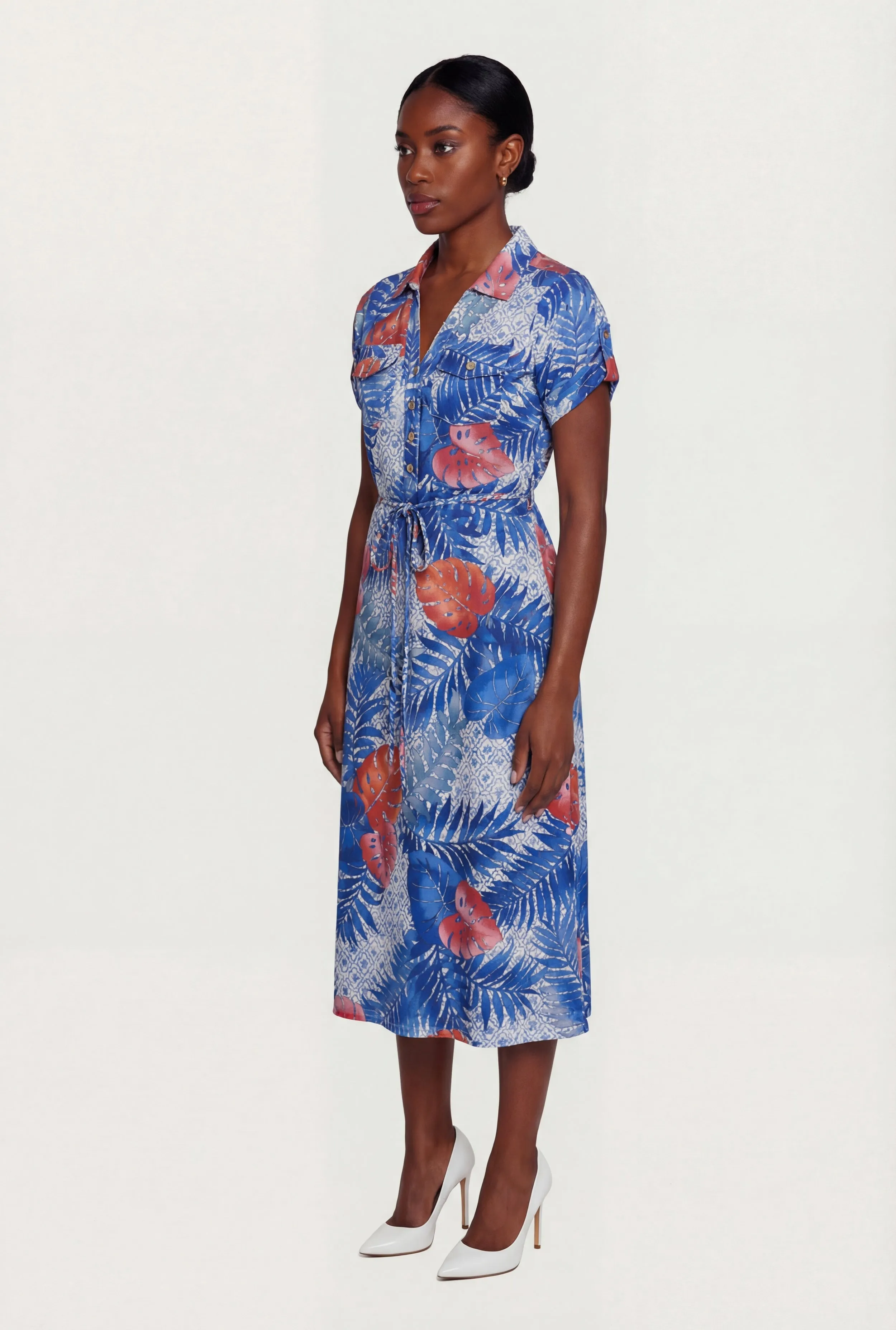Leaf Print Tie Waist Belted Midi Polo Dress sold by Rainbow product image thumbnail 2