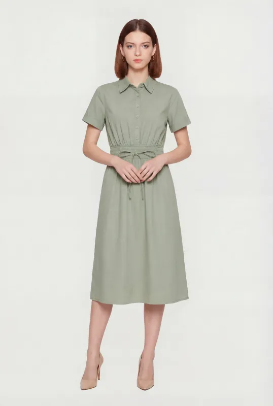 Poplin Half Button Front Drawstring Waist Shirt Dress made by Rainbow