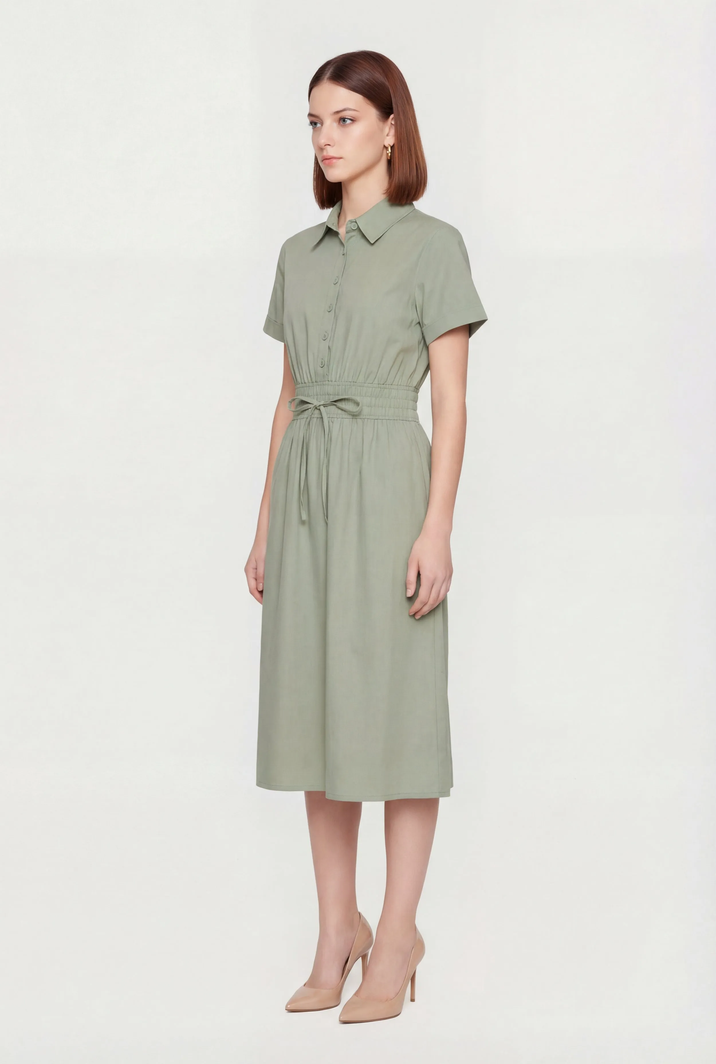 Poplin Half Button Front Drawstring Waist Shirt Dress sold by Rainbow product image thumbnail 2