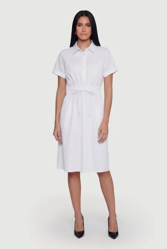 Poplin Half Button Front Drawstring Waist Shirt Dress made by Rainbow