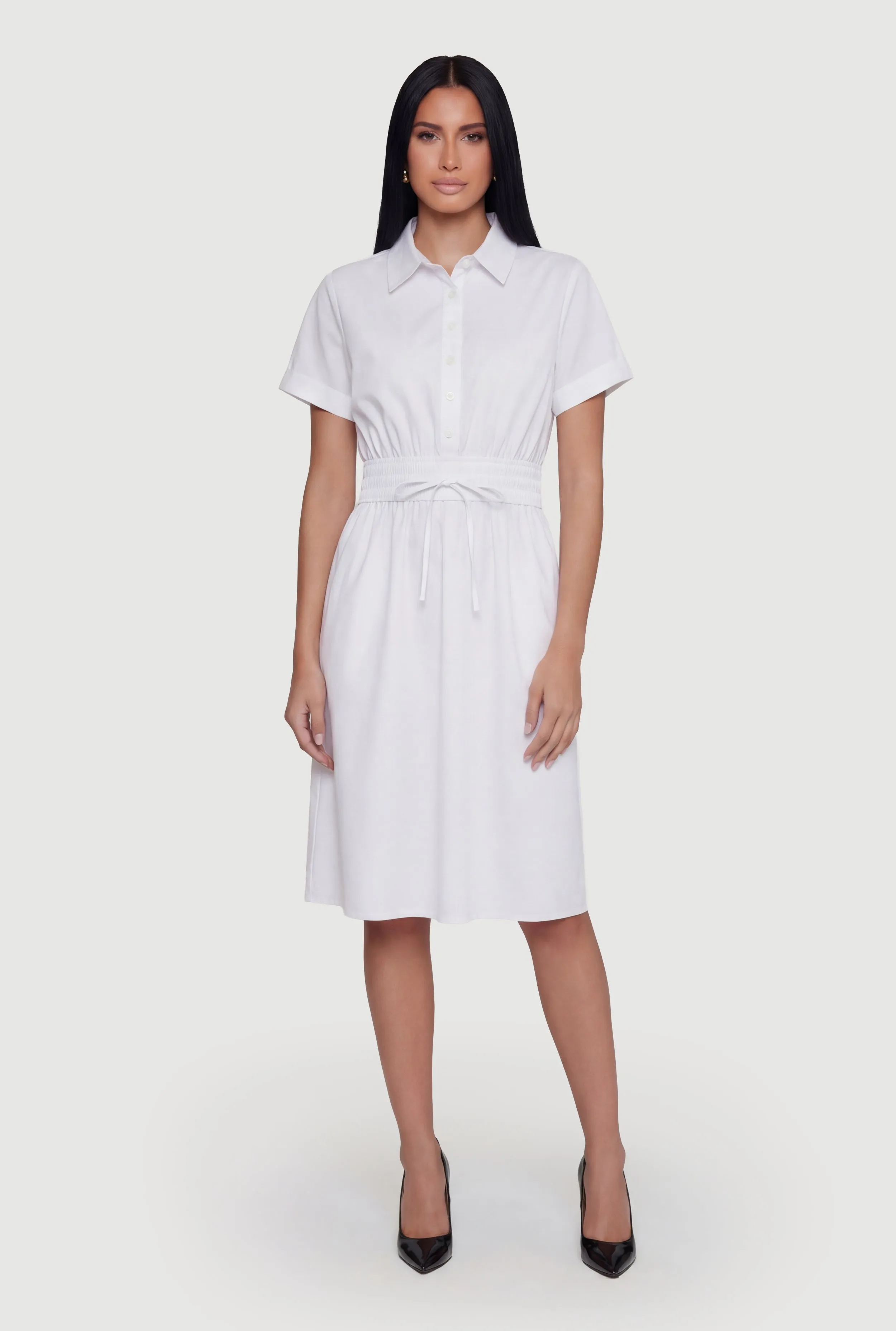 Poplin Half Button Front Drawstring Waist Shirt Dress sold by Rainbow