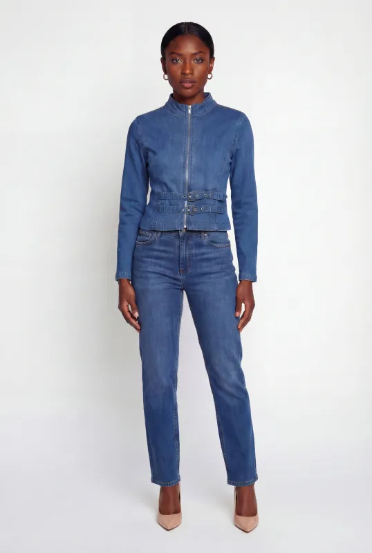 Denim Double Belted Front Moto Jacket sold by Rainbow