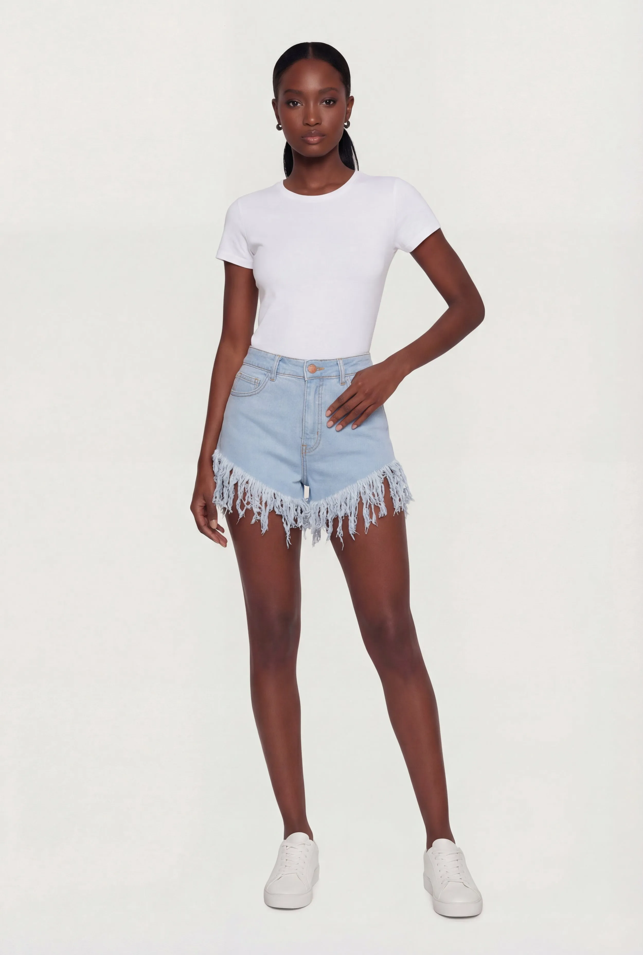 High Waisted Fringe Hem Denim Shorts sold by Rainbow