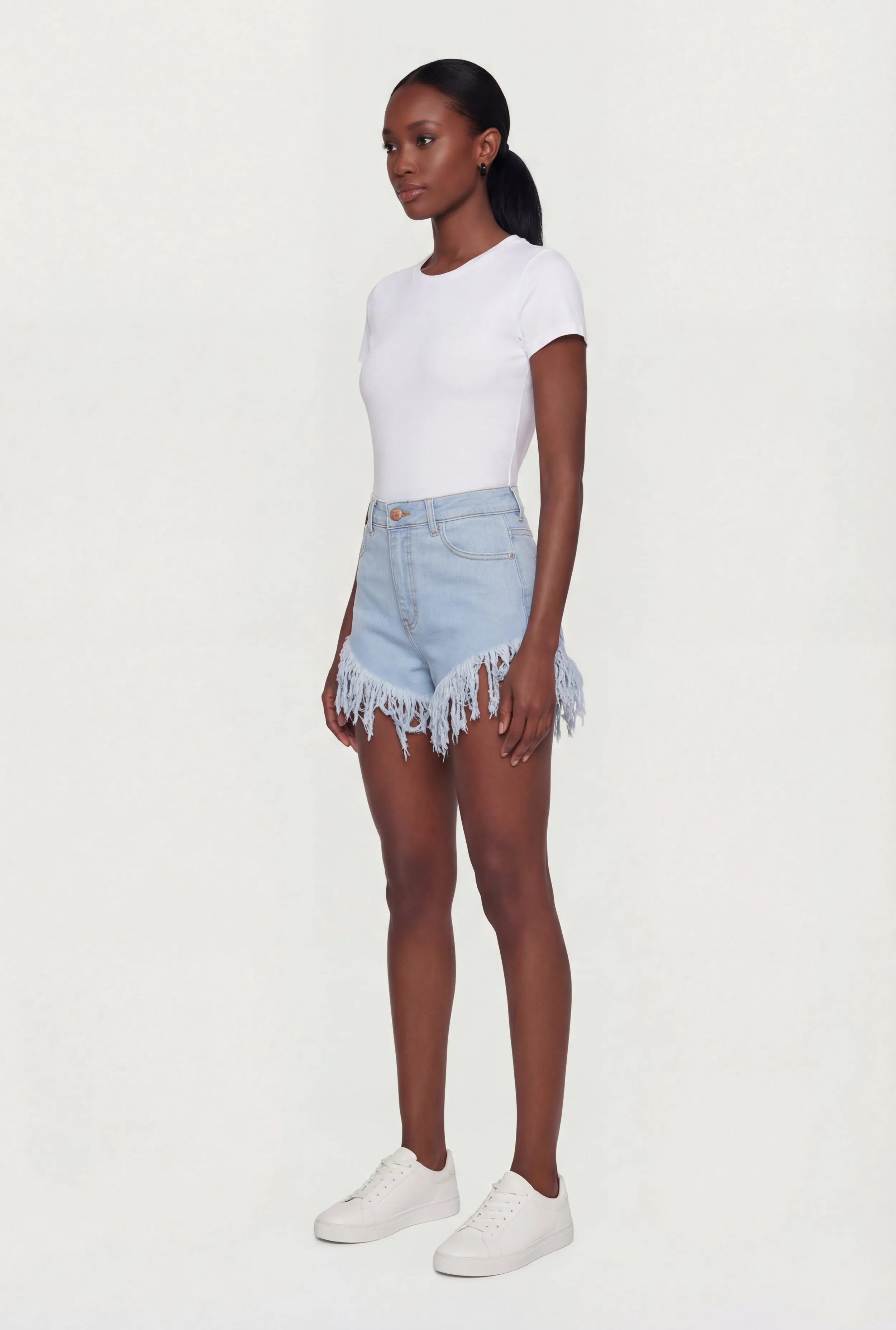 High Waisted Fringe Hem Denim Shorts sold by Rainbow product image thumbnail 2