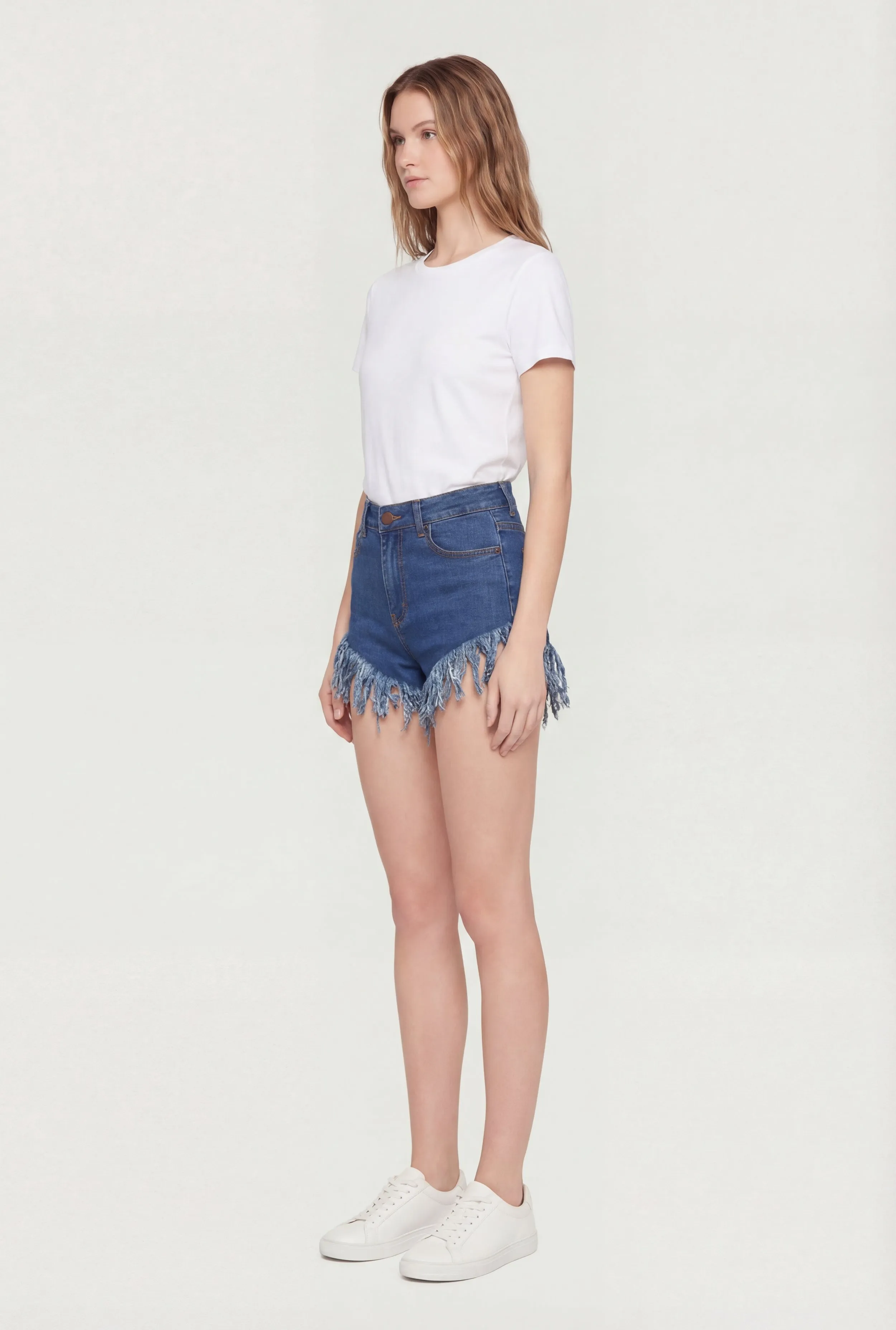 High Waisted Fringe Hem Denim Shorts sold by Rainbow product image thumbnail 2