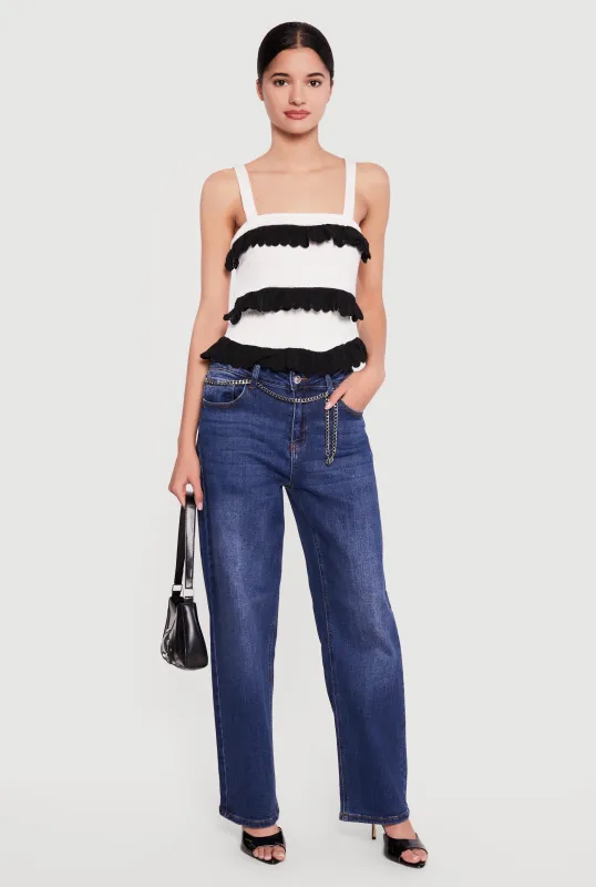 Contrast Ruffle Trim Rib Knit Blouse made by Rainbow