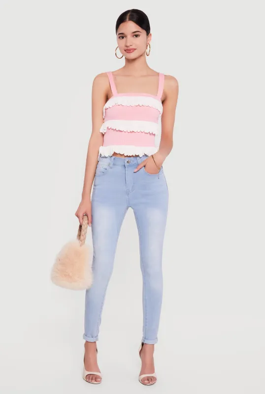 Contrast Ruffle Trim Rib Knit Blouse sold by Rainbow