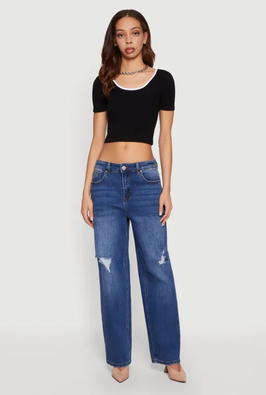 Cropped Contrast Trim Seamless Scoop Neck Tee made by Rainbow