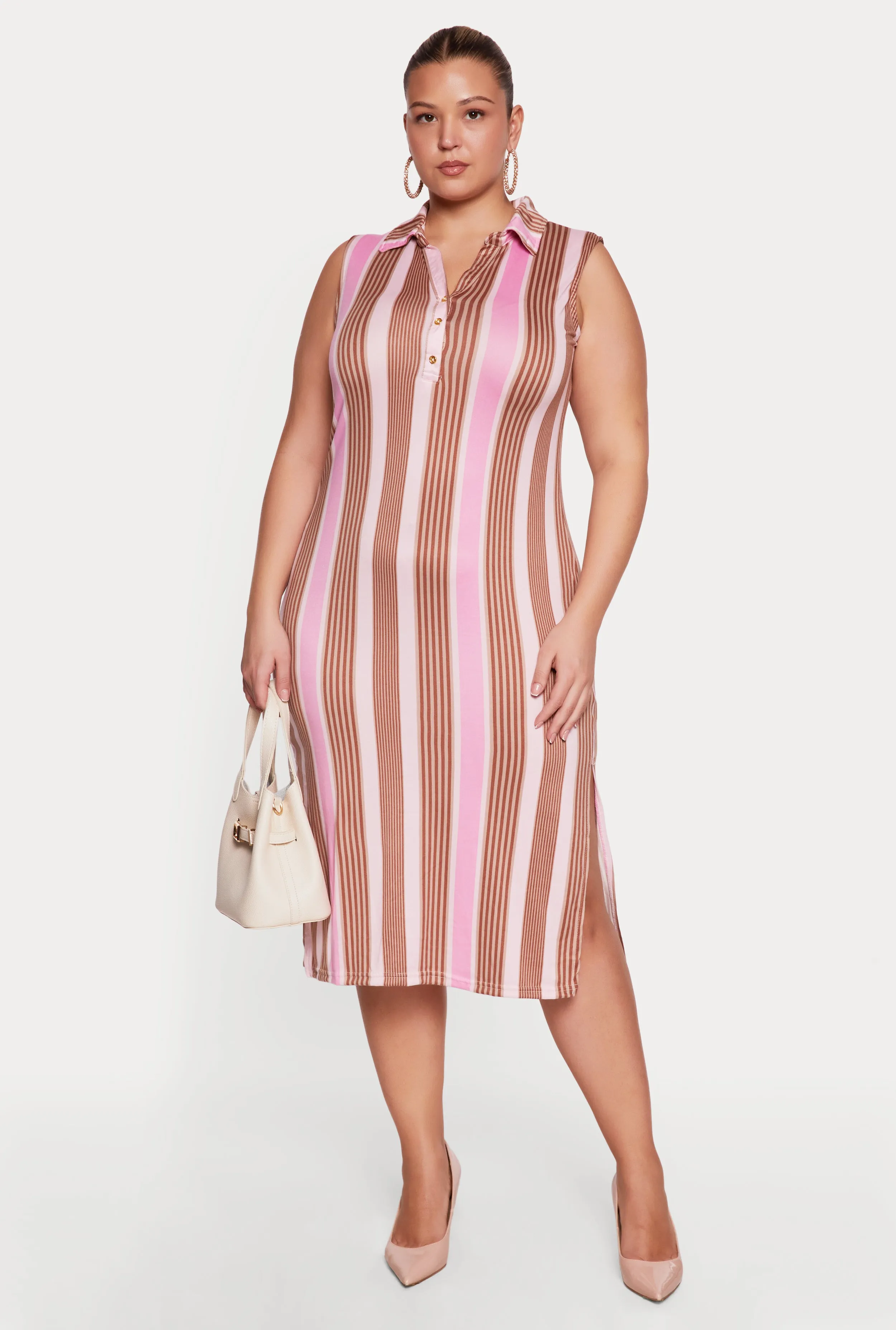 Plus Size Striped Side Slit Midi Polo Dress sold by Rainbow product image thumbnail 2