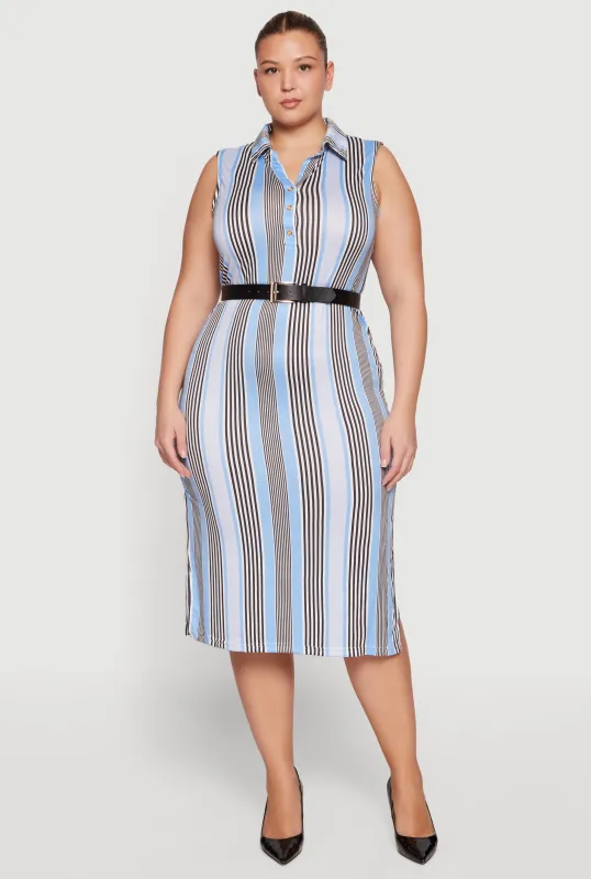Plus Size Striped Side Slit Midi Polo Dress made by Rainbow